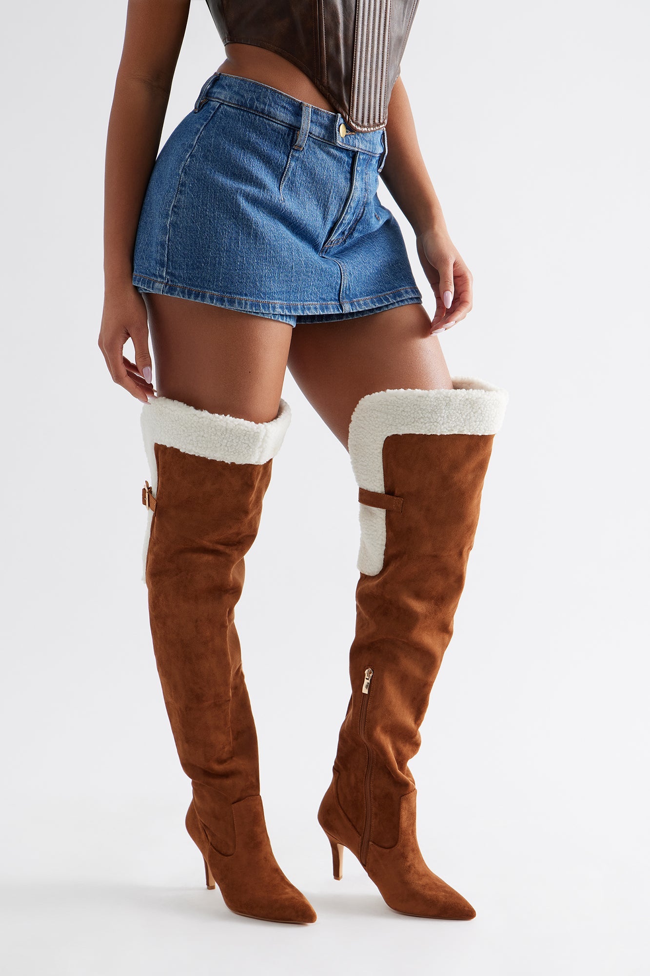 Sela Fur Trim Thigh High Boots - Camel