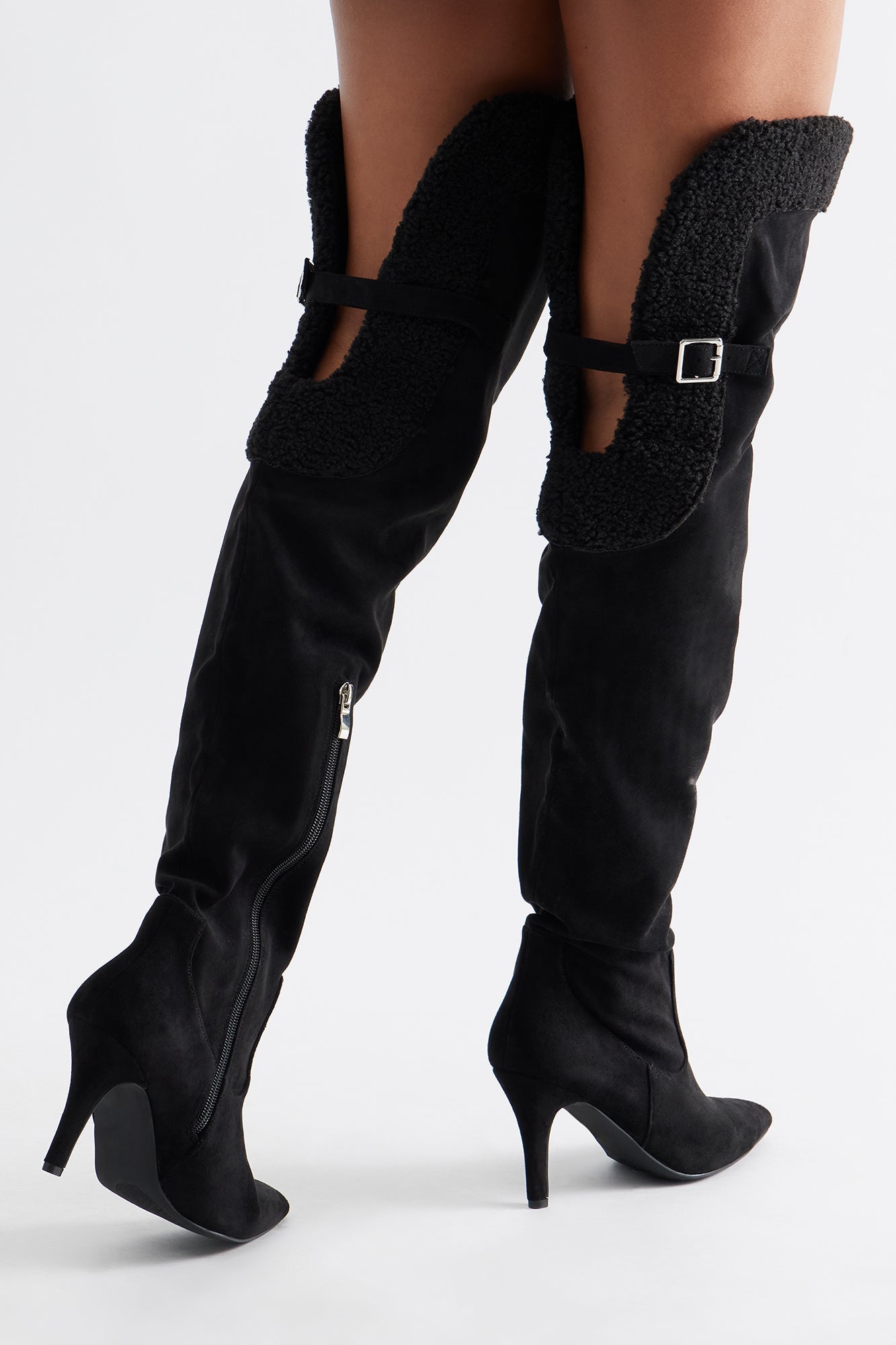 Sela Fur Trim Thigh High Boots - Black