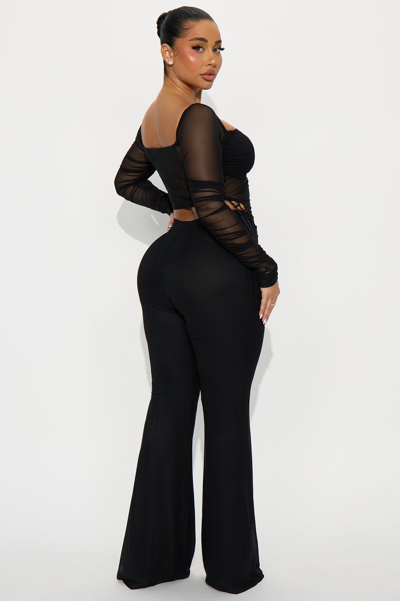 Fringe Desires Mesh Off Shoulder Pant Set - Black