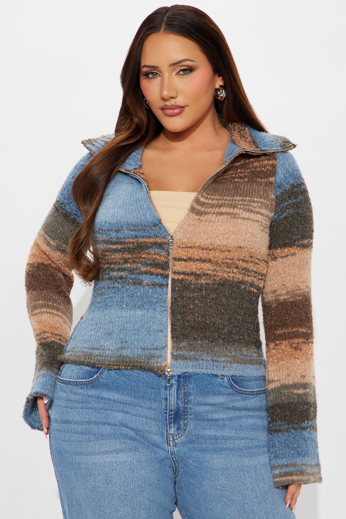 Take Your Time Front Zip Sweater - Blue/combo