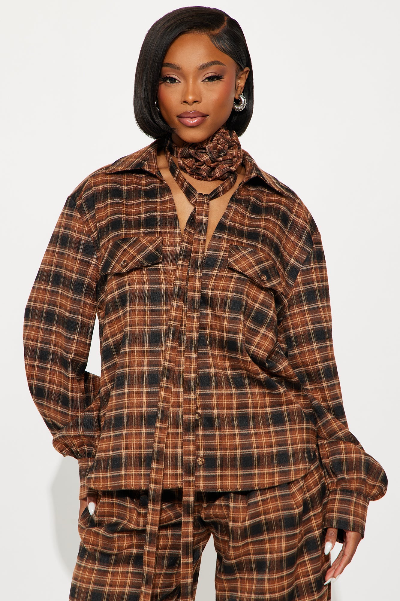 Zakai Plaid Pant Set - Brown Combo