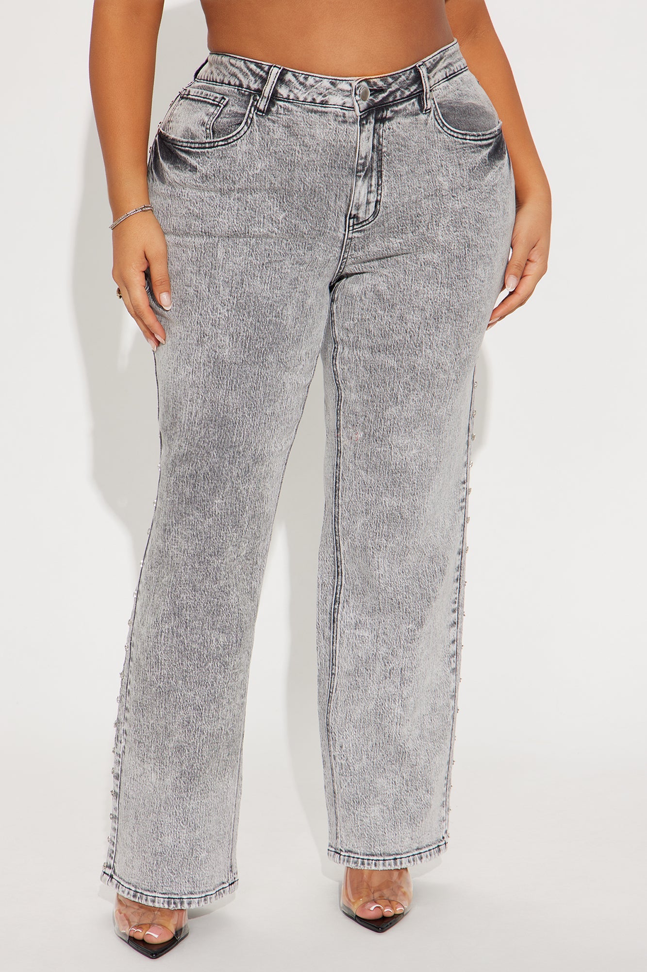 Shining Star Embellished Straight Leg Jeans - Grey