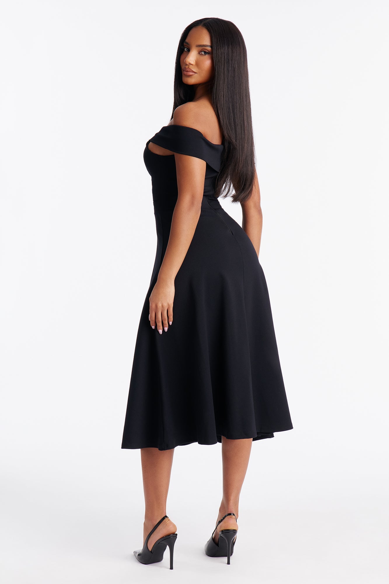 Poppy Body Sculpt Ponte Off Shoulder Midi Dress - Black