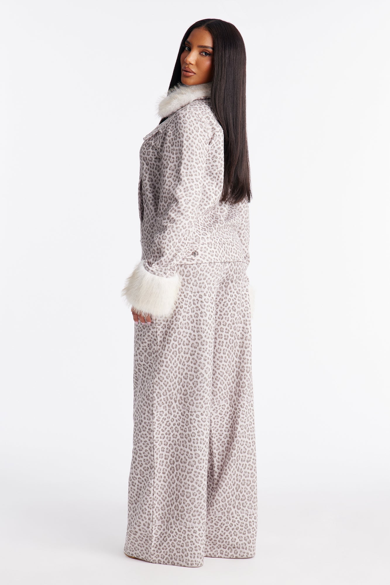 Tori Leopard Faux Fur Pant Set - Cream/combo