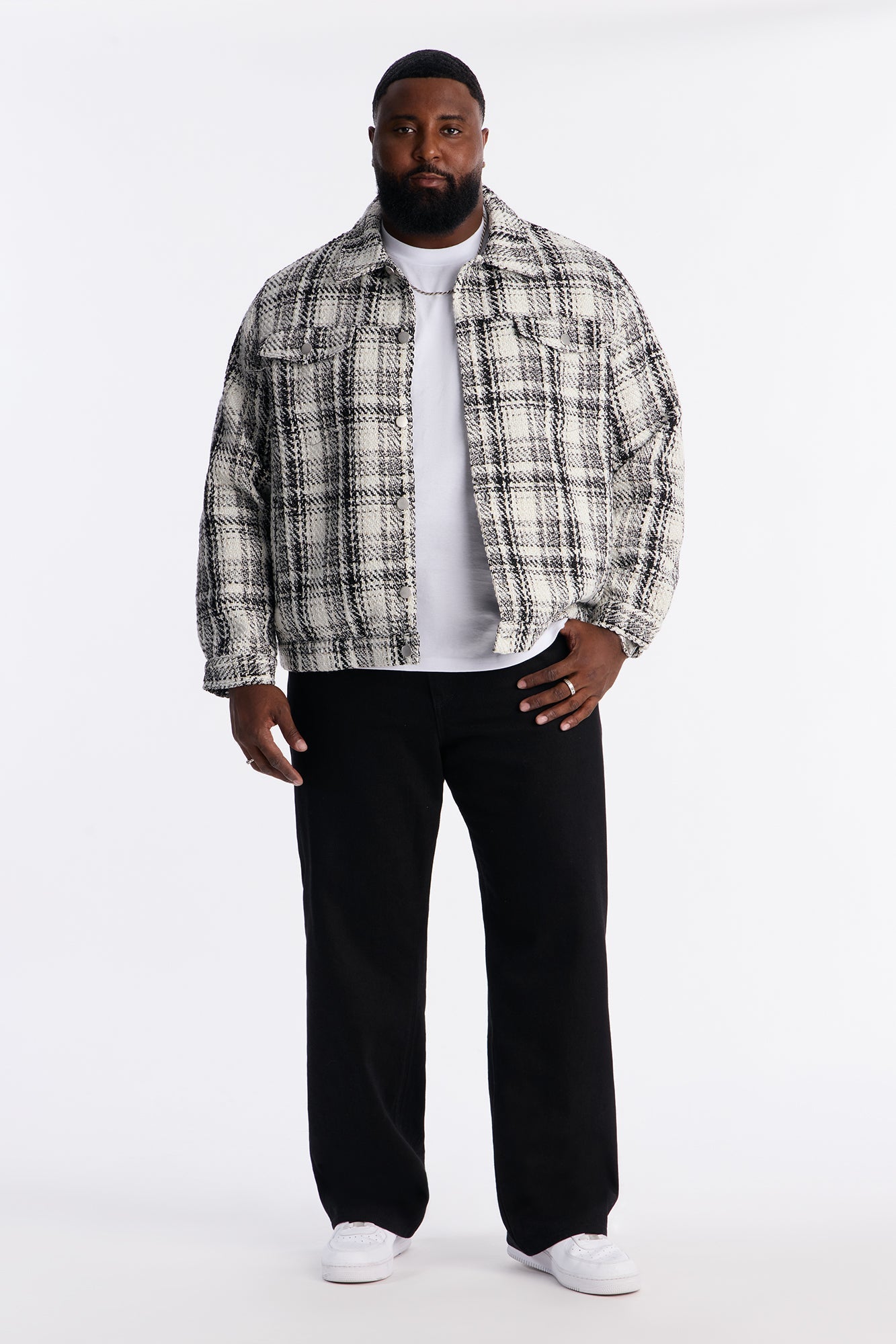 Tweed Plaid Trucker Jacket - Black