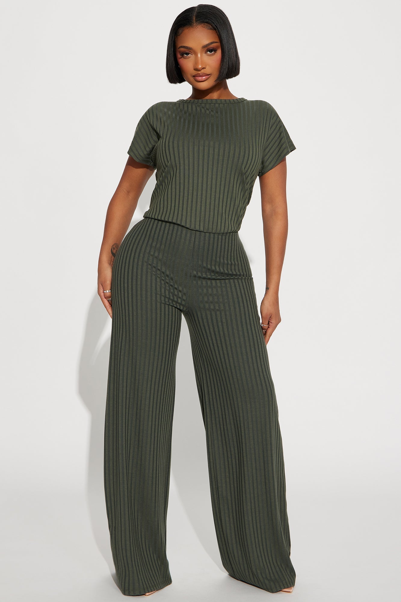 Too Little Too Late Ribbed Jumpsuit - Olive