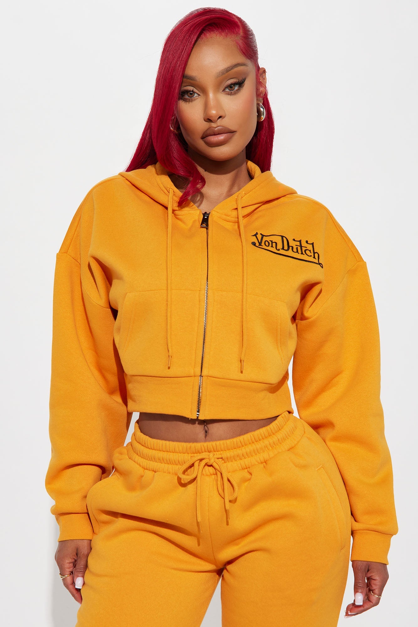 Von Dutch Embroidered Cropped Hoodie - Orange
