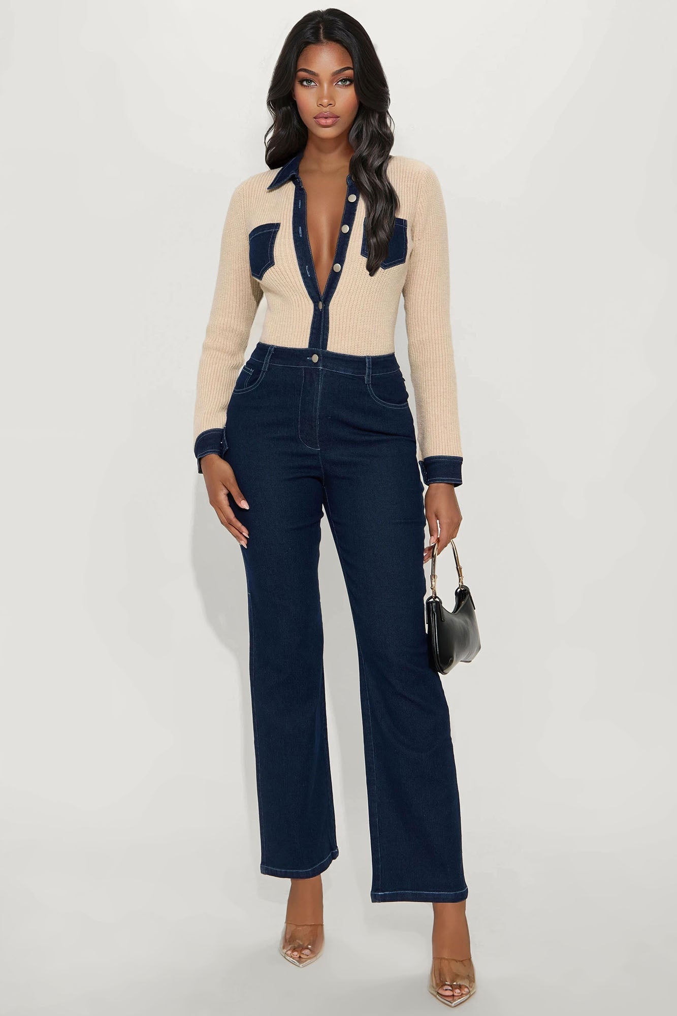 Mikayla Denim Sweater Mix Jumpsuit - Dark Denim