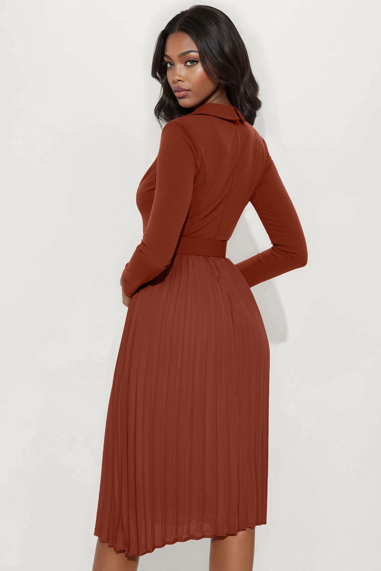 Valli Collar Pleated Midi Dress - Cognac
