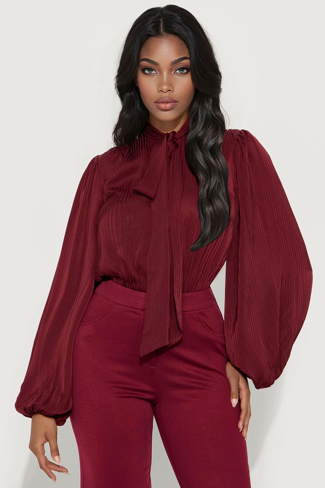 Power Play Long Sleeve Wide Leg Jumpsuit - Wine