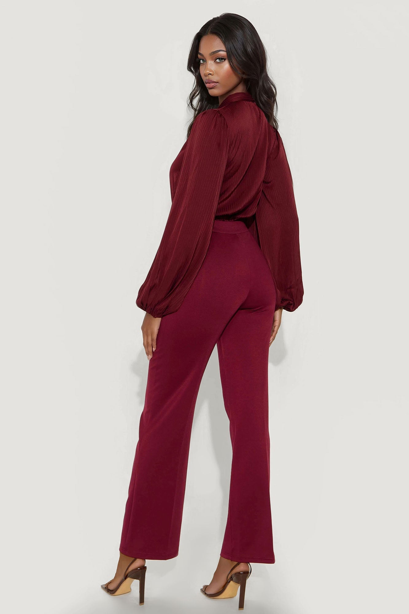 Power Play Long Sleeve Wide Leg Jumpsuit - Wine