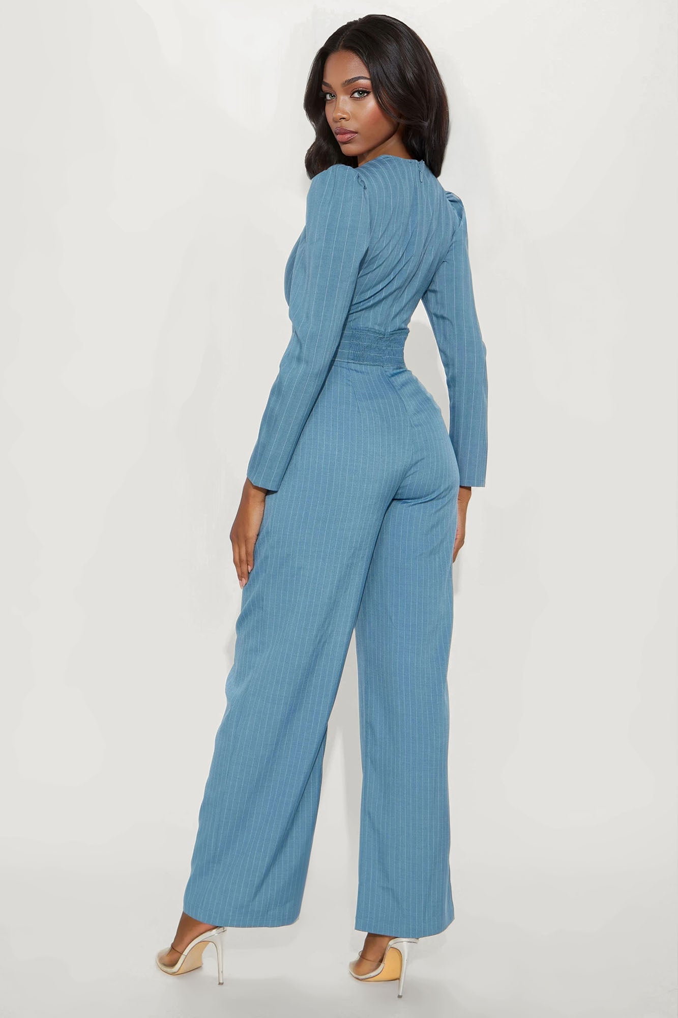Out To Lunch Pinstripe Wide Leg Jumpsuit - Blue