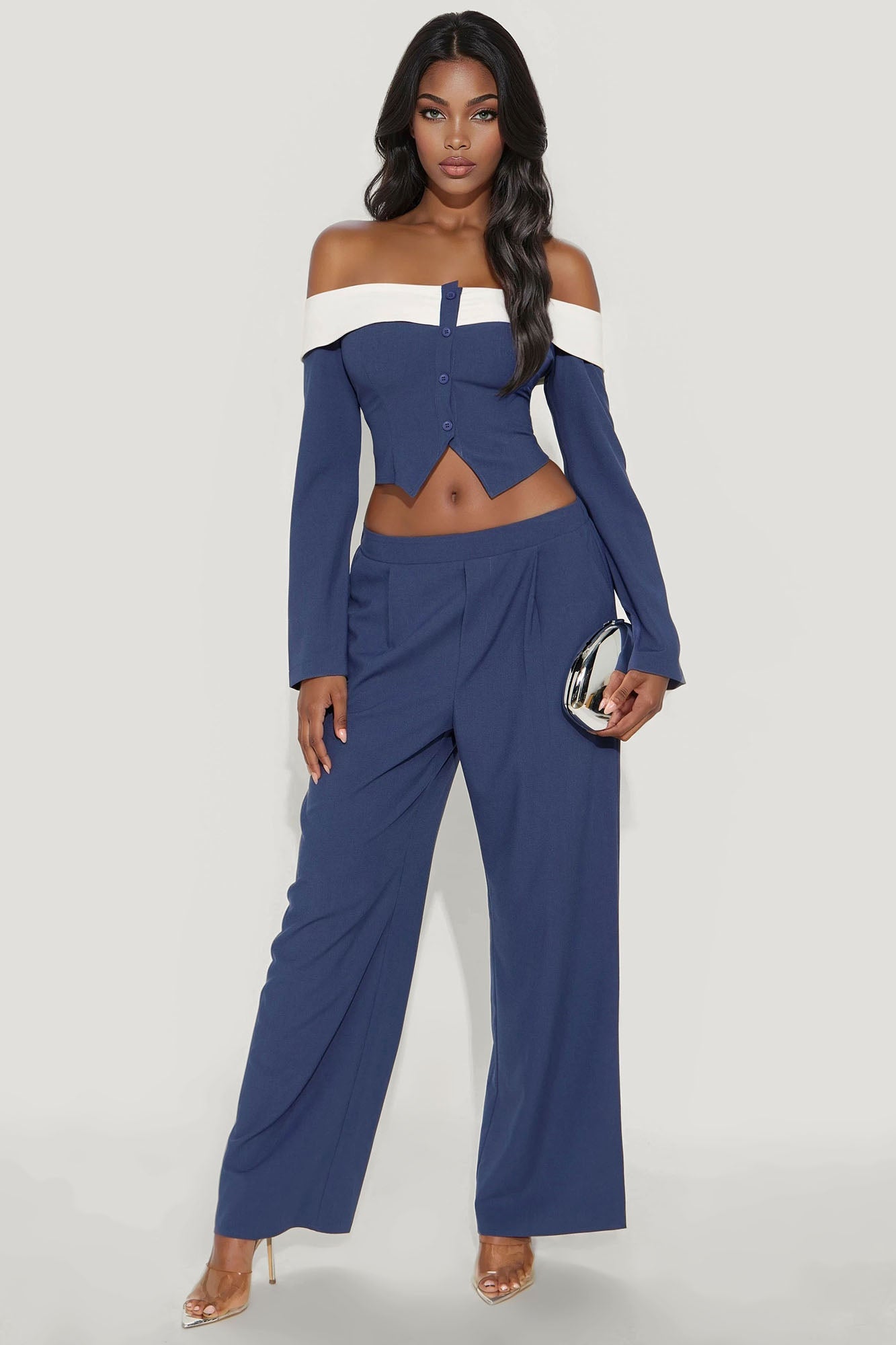 Seville Off Shoulder Pant Set - Navy