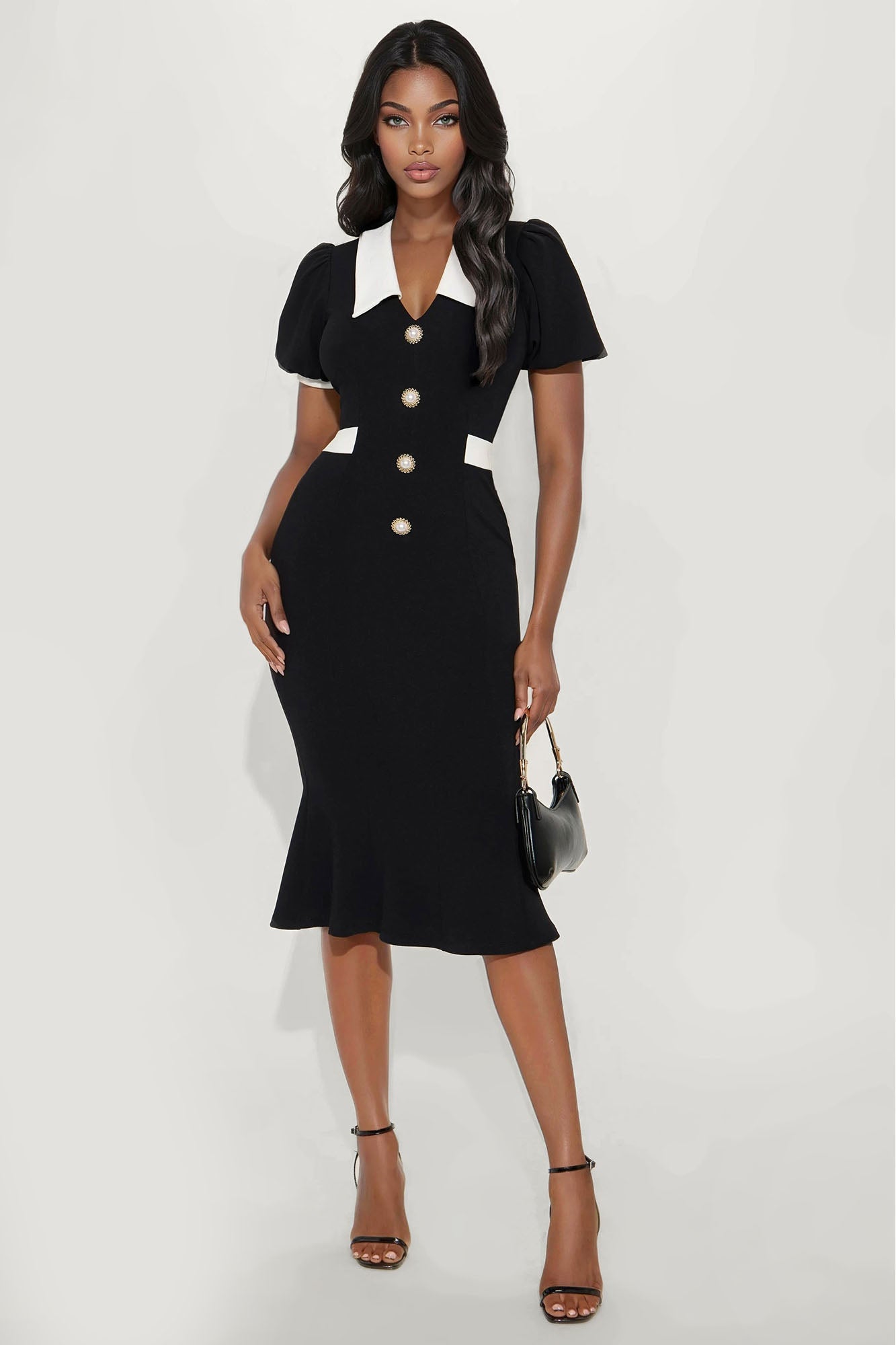 Alora Contrast Mermaid Midi Dress - Black/White