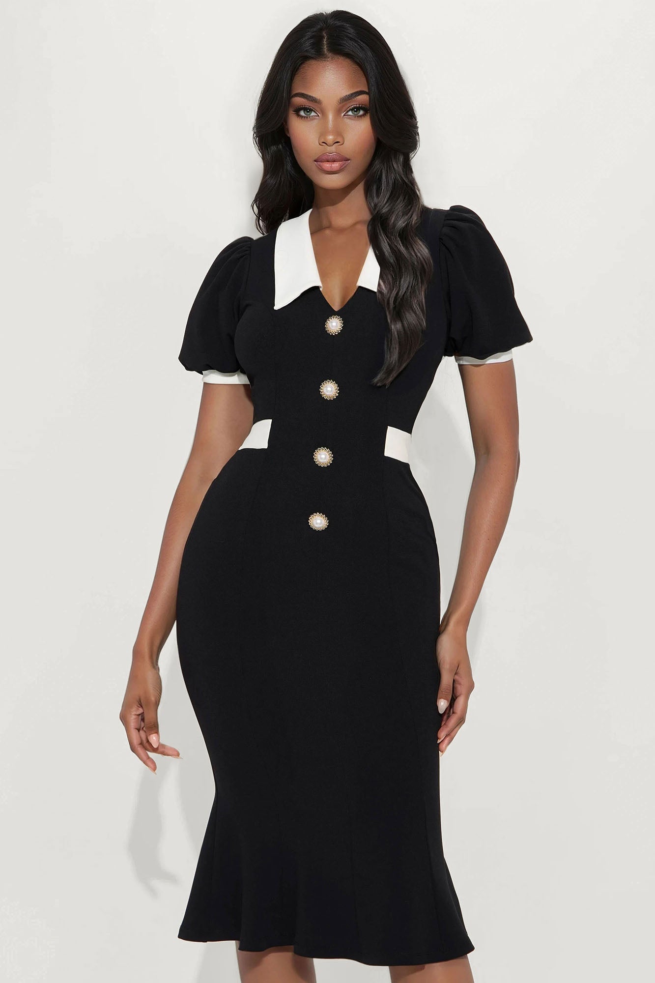 Alora Contrast Mermaid Midi Dress - Black/White