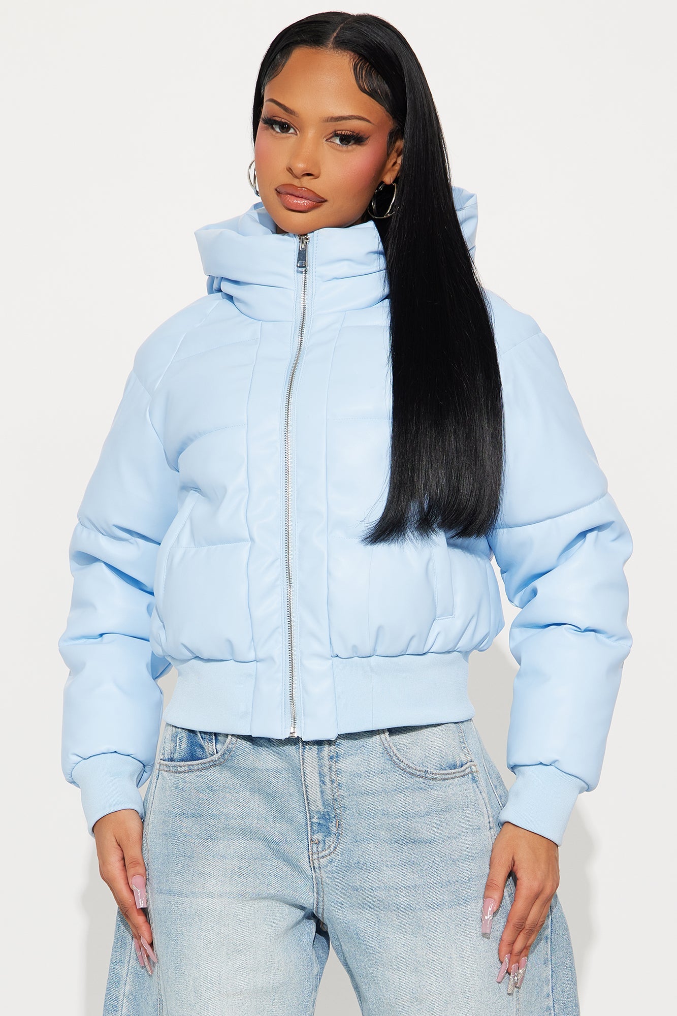 Angella Hooded Faux Leather Puffer - Light Blue
