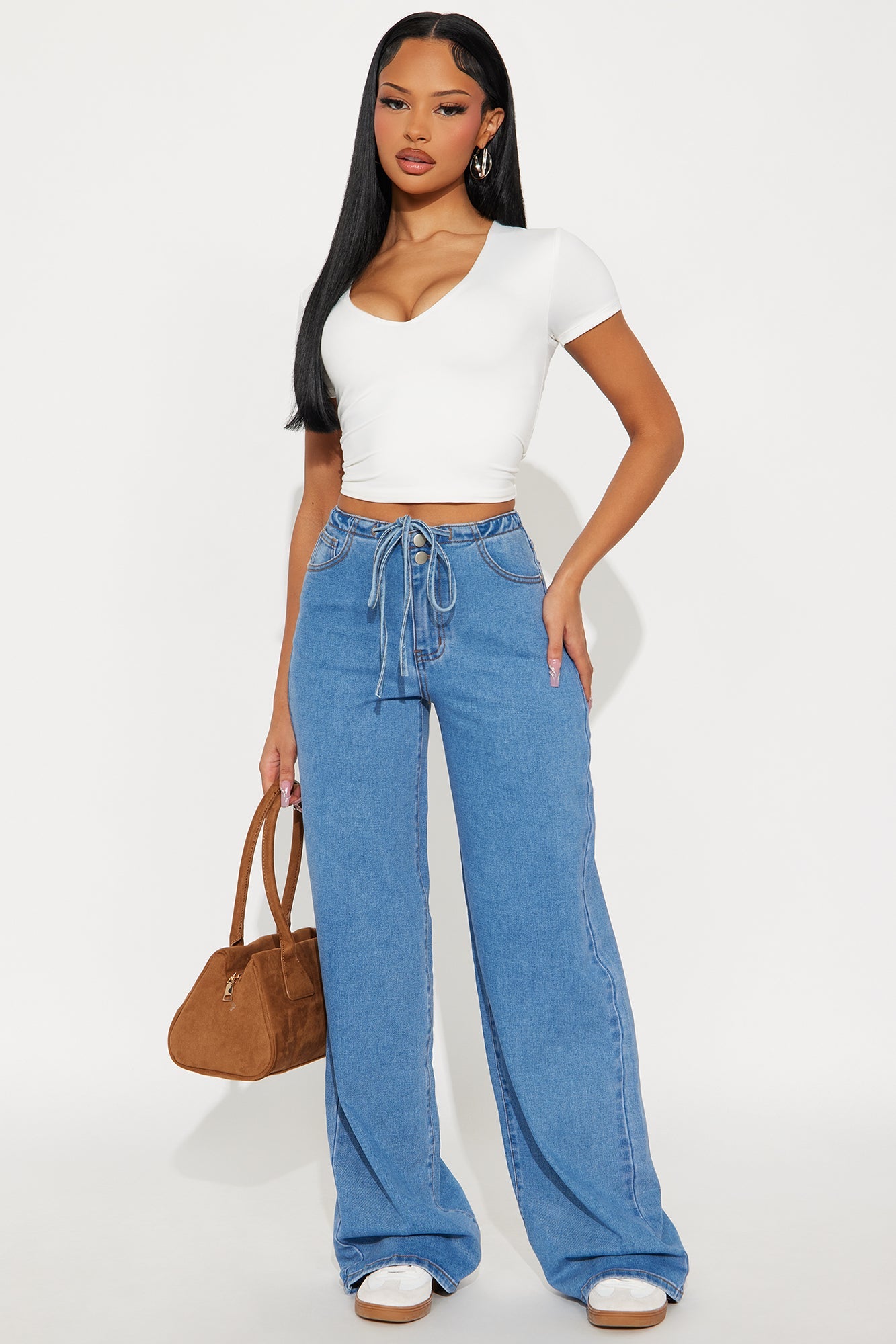 Downtown Tie Waist Wide Leg Jeans - Medium Blue Wash