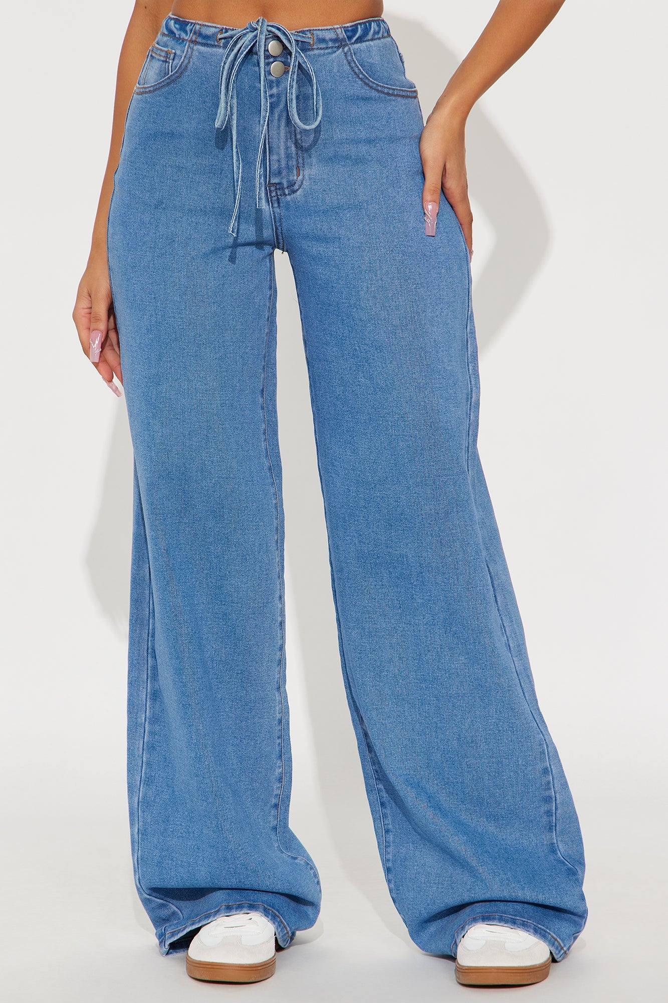 Downtown Tie Waist Wide Leg Jeans - Medium Blue Wash