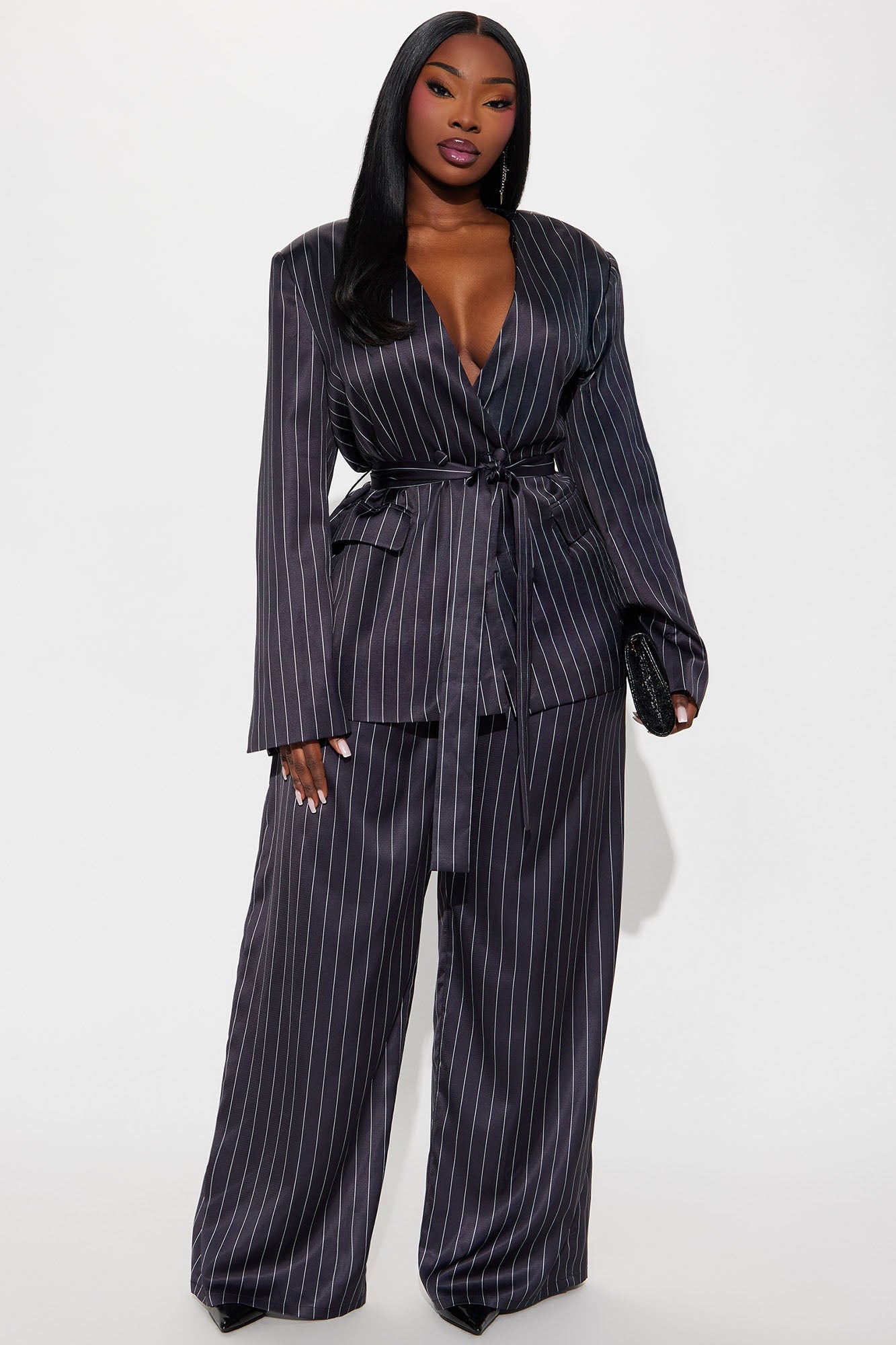 To Be Precise Pinstripe Satin Belted Blazer Pant Set - Black