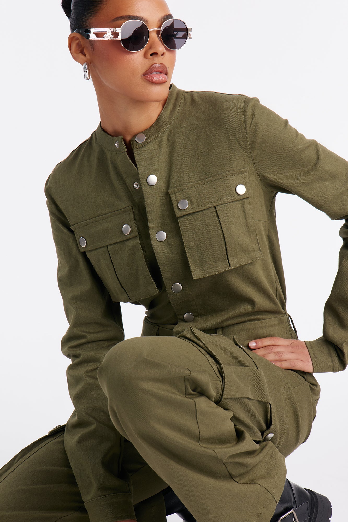 Victoria Cargo Wide Leg Jumpsuit - Olive