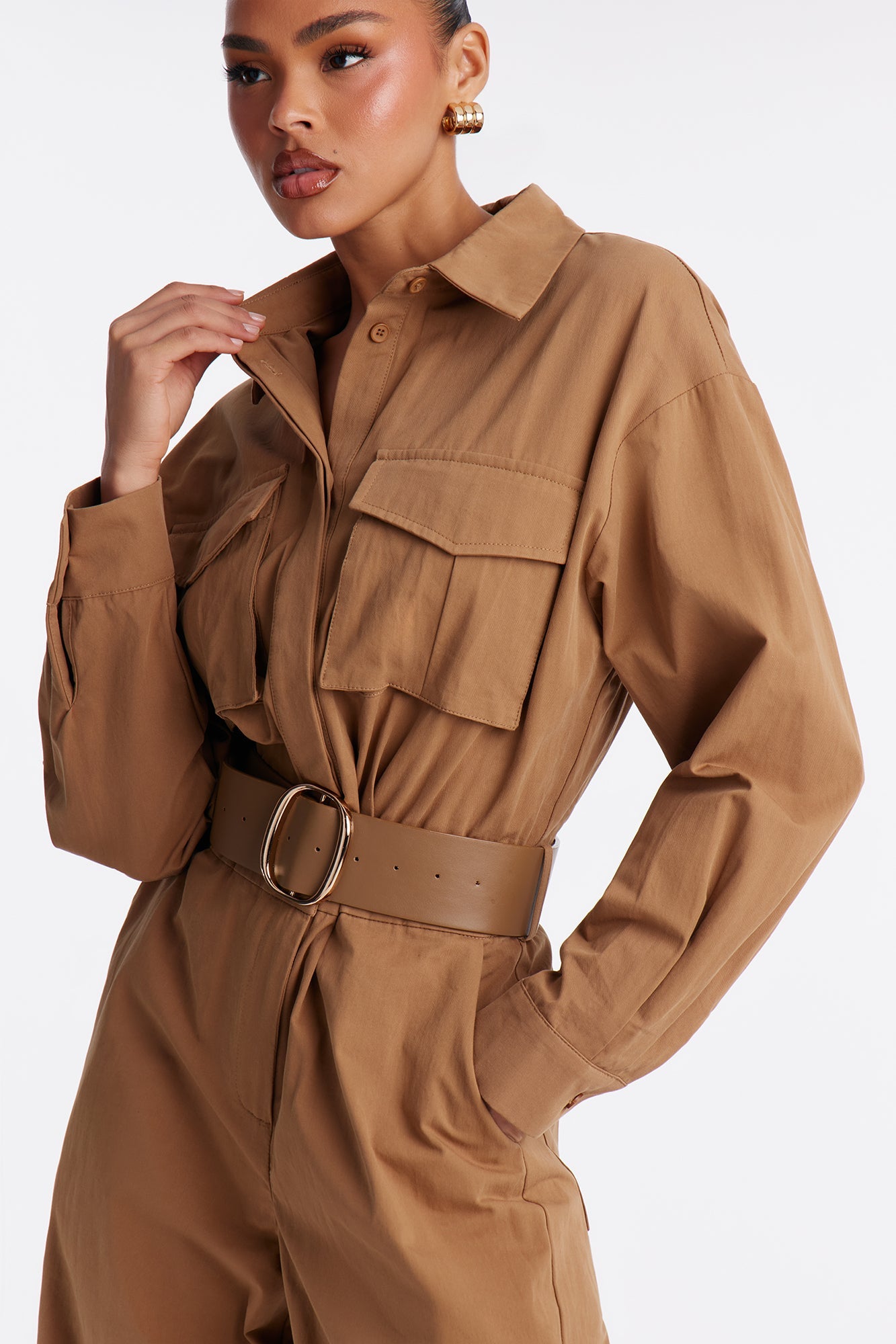 Antionette Belted Wide Leg Jumpsuit - Khaki