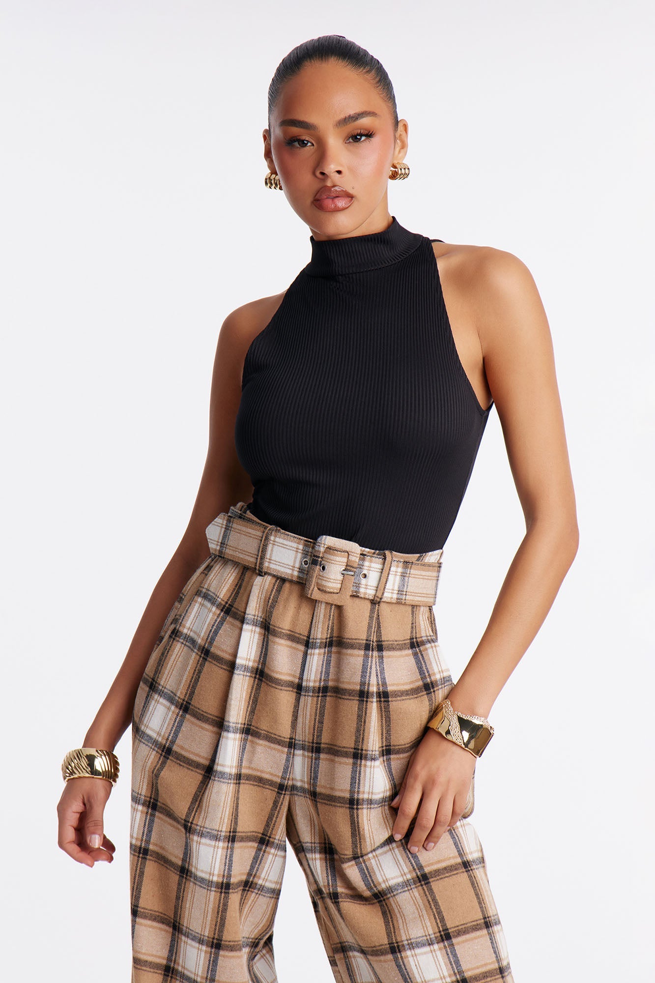Allison Belted Plaid Jumpsuit - Black/combo