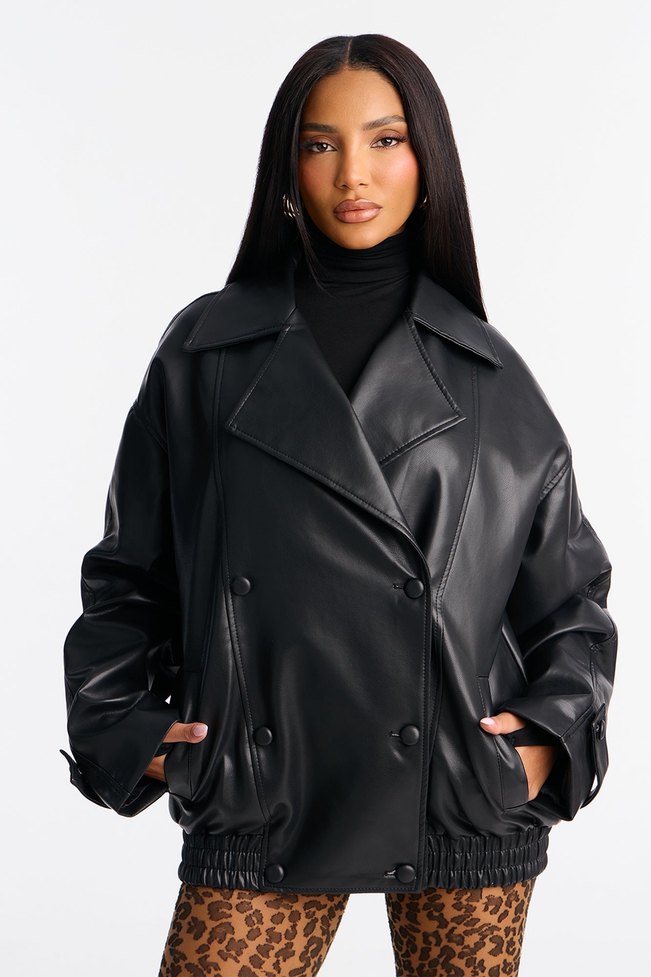 Valentina Faux Leather Oversized Bomber Jacket - Black