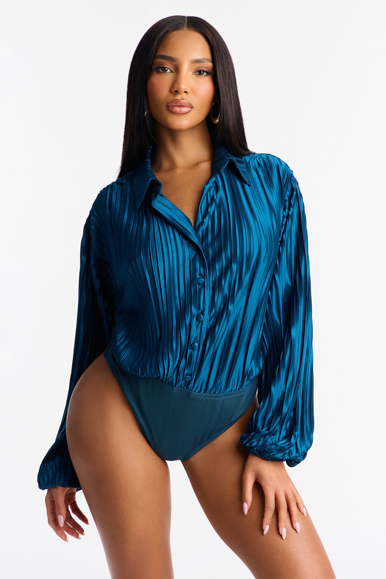 So Dramatic Satin Bodysuit 3 Piece Pant Set - Teal