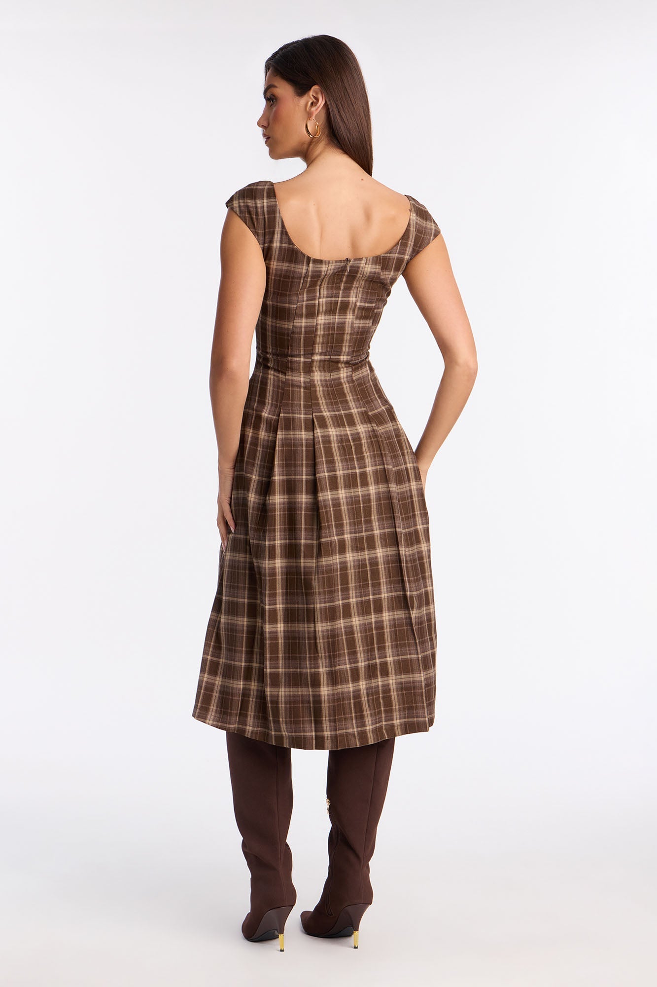 Clover Pleated Plaid Midi Dress - Brown/combo