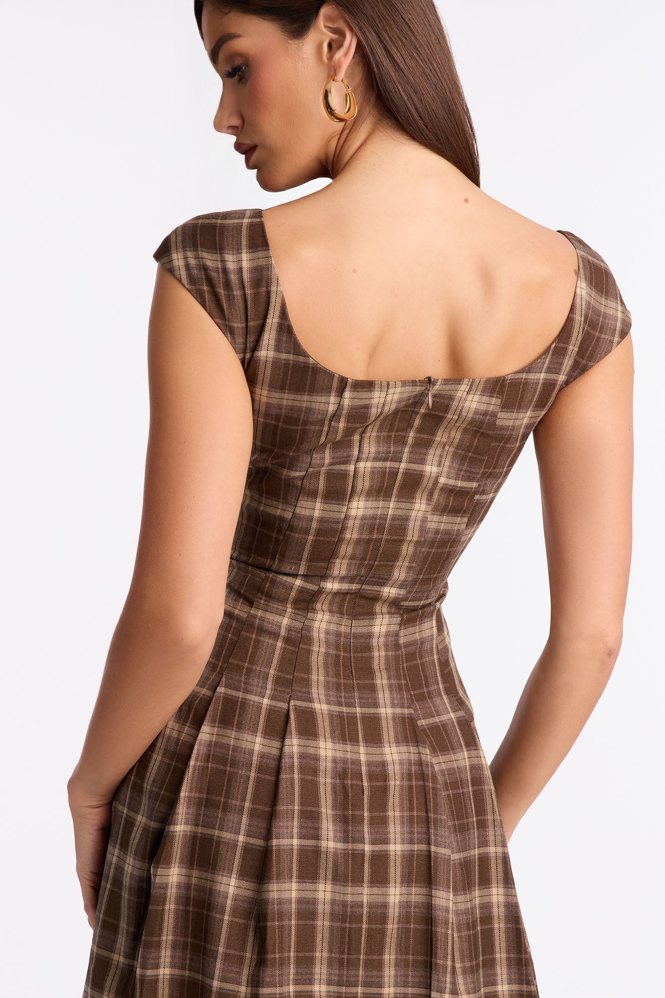 Clover Pleated Plaid Midi Dress - Brown/combo