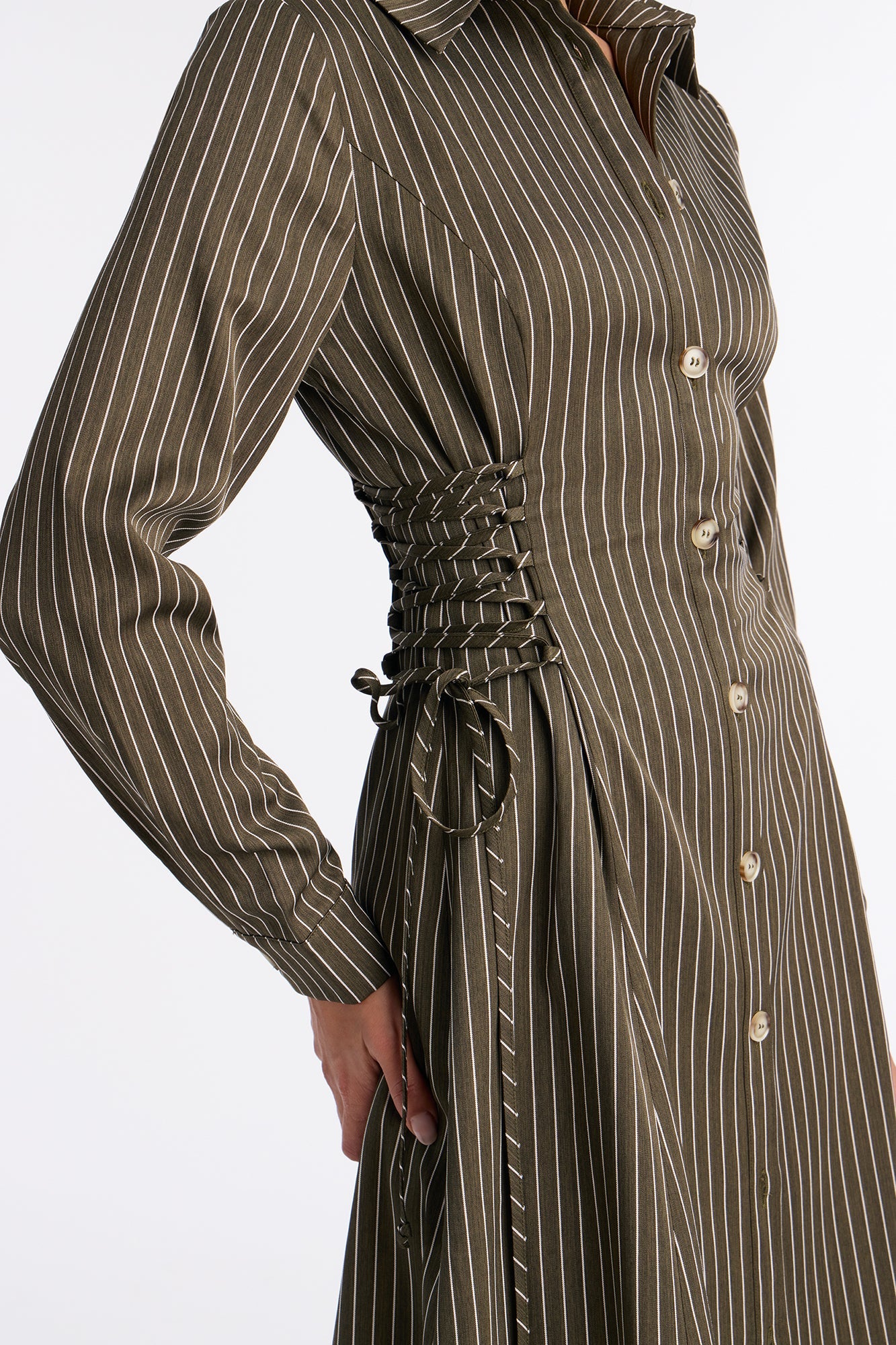 Veda Lace Up Pinstripe Midi Dress - Olive/combo