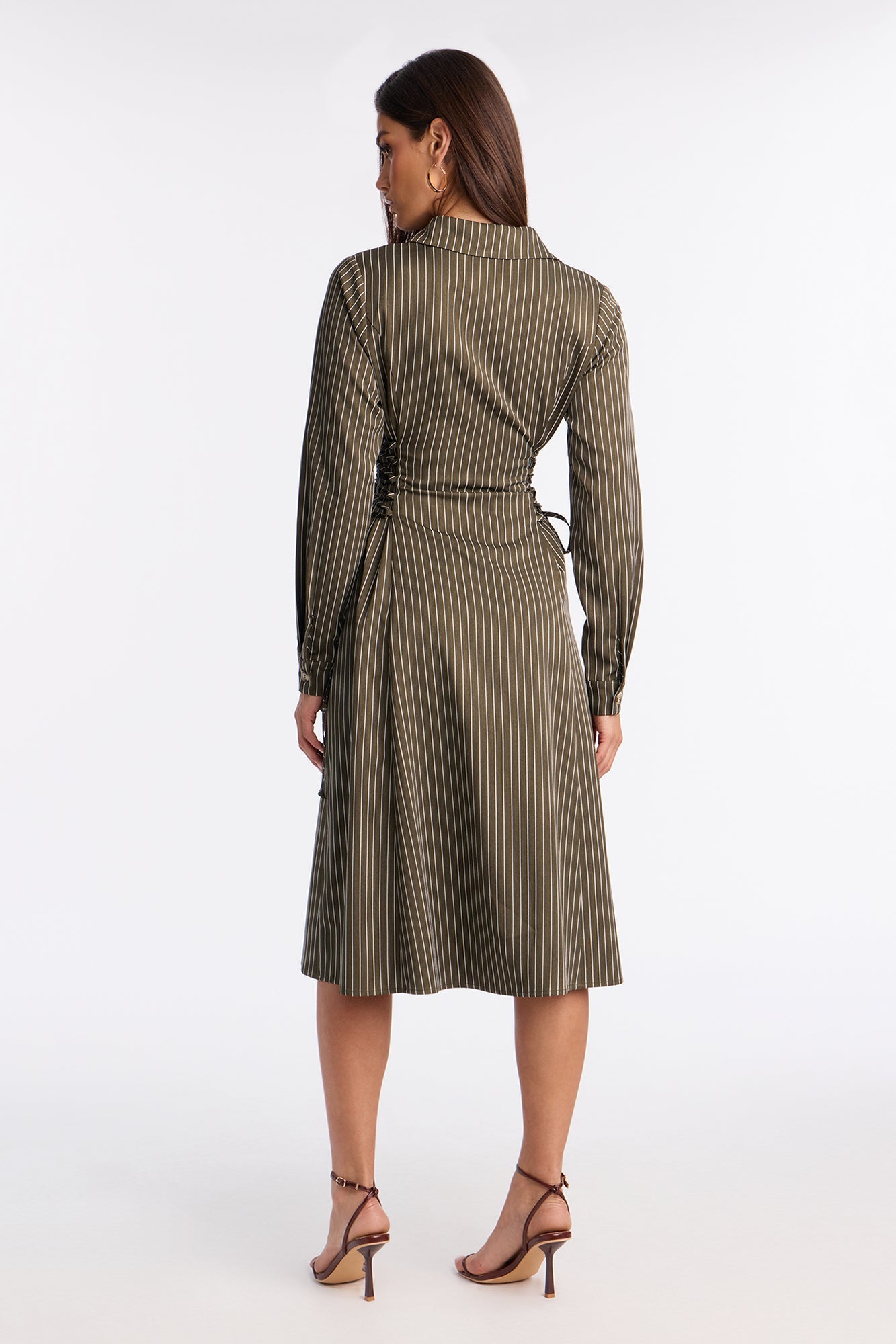 Veda Lace Up Pinstripe Midi Dress - Olive/combo