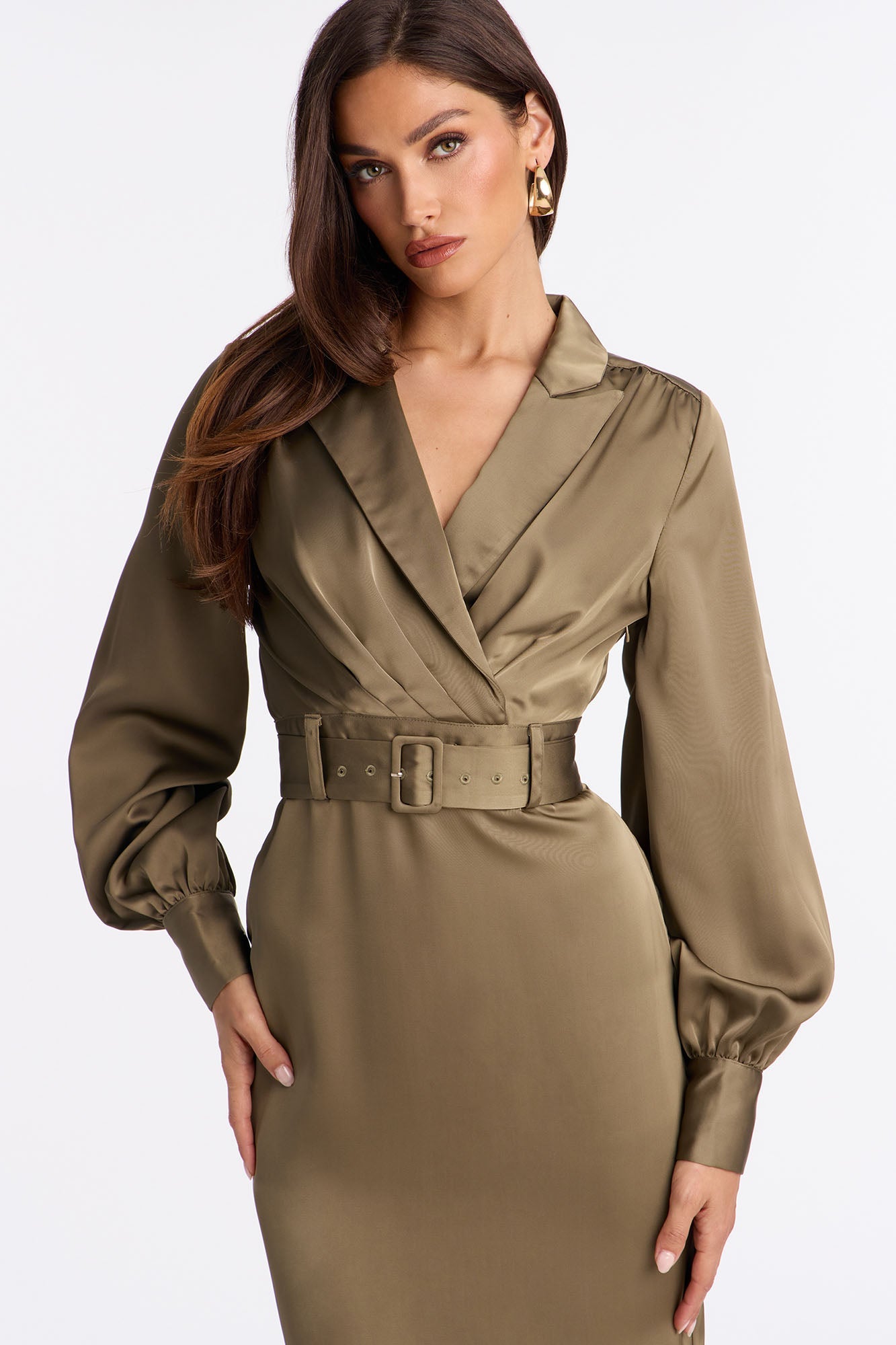Braylynn Belted Satin Midi Dress - Sage