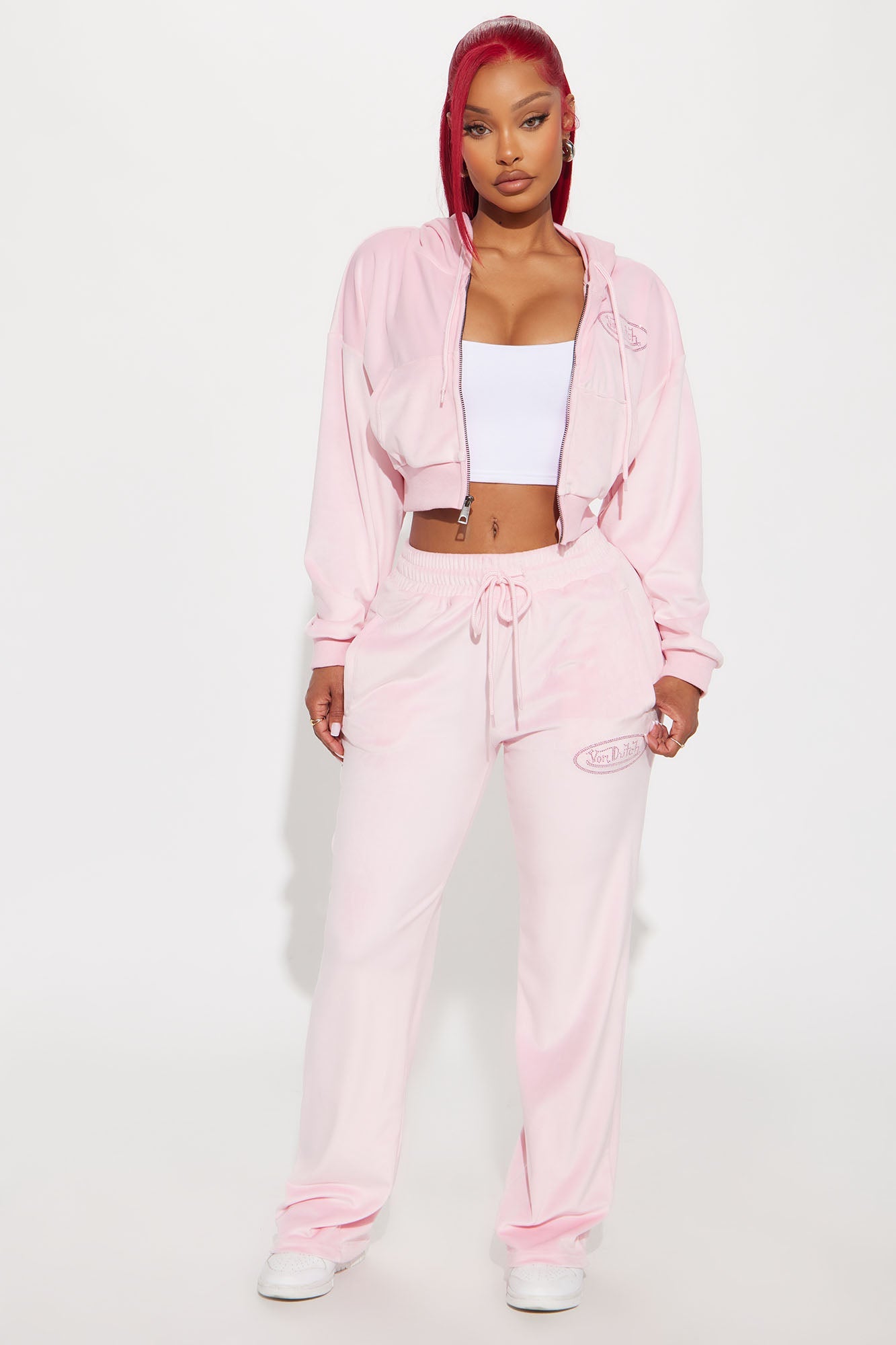 Von Dutch Velour Rhinestone Wide Leg Pant - Pink