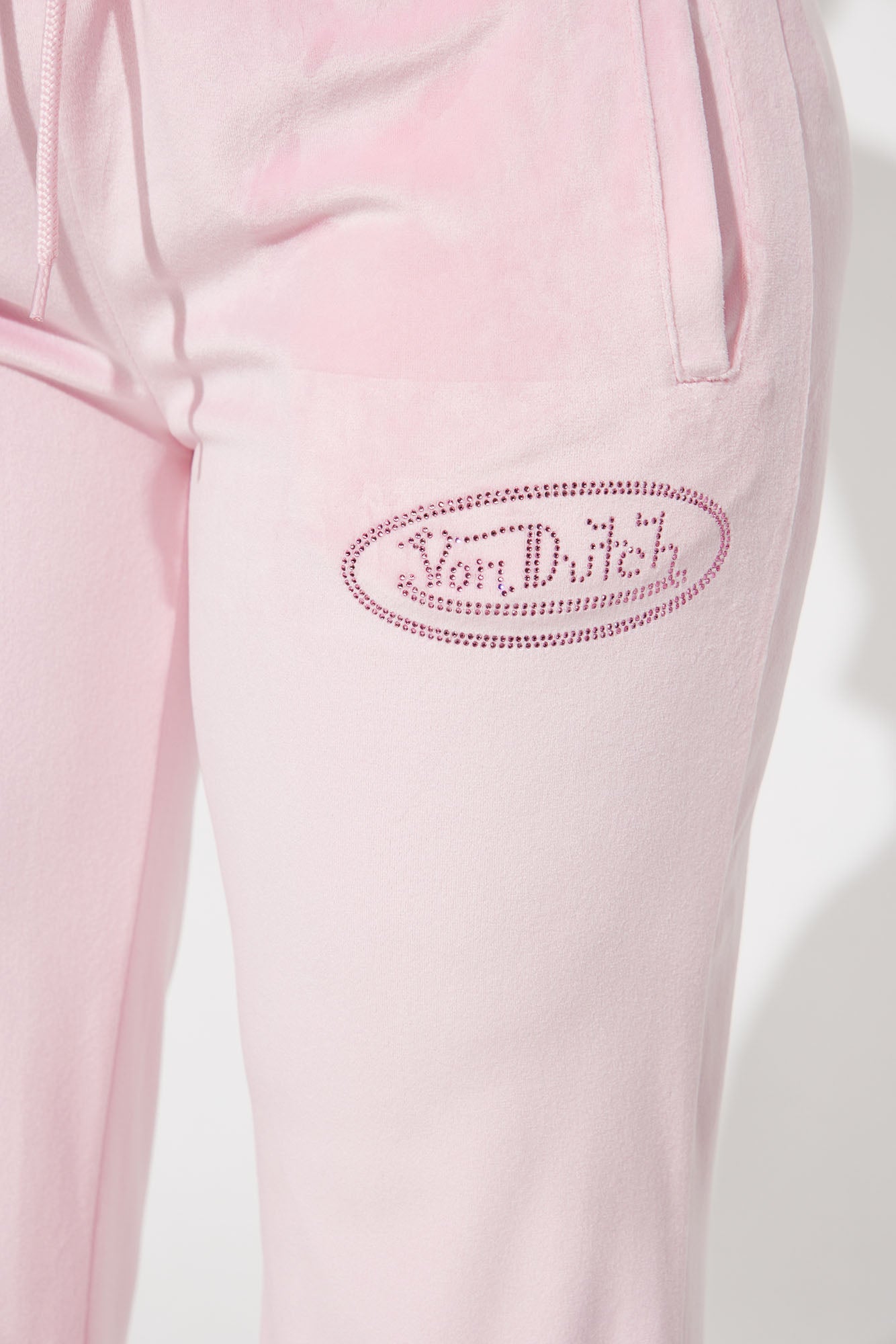 Von Dutch Velour Rhinestone Wide Leg Pant - Pink