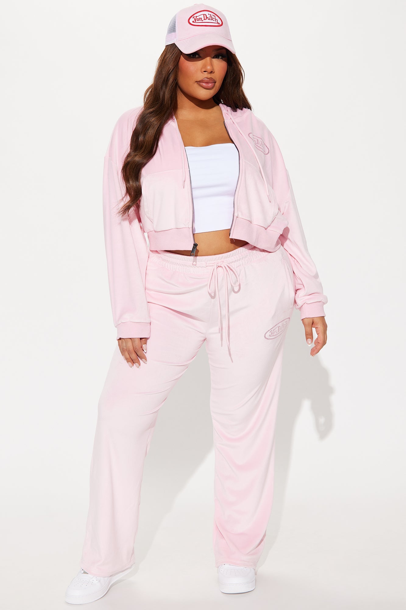 Von Dutch Velour Rhinestone Wide Leg Pant - Pink
