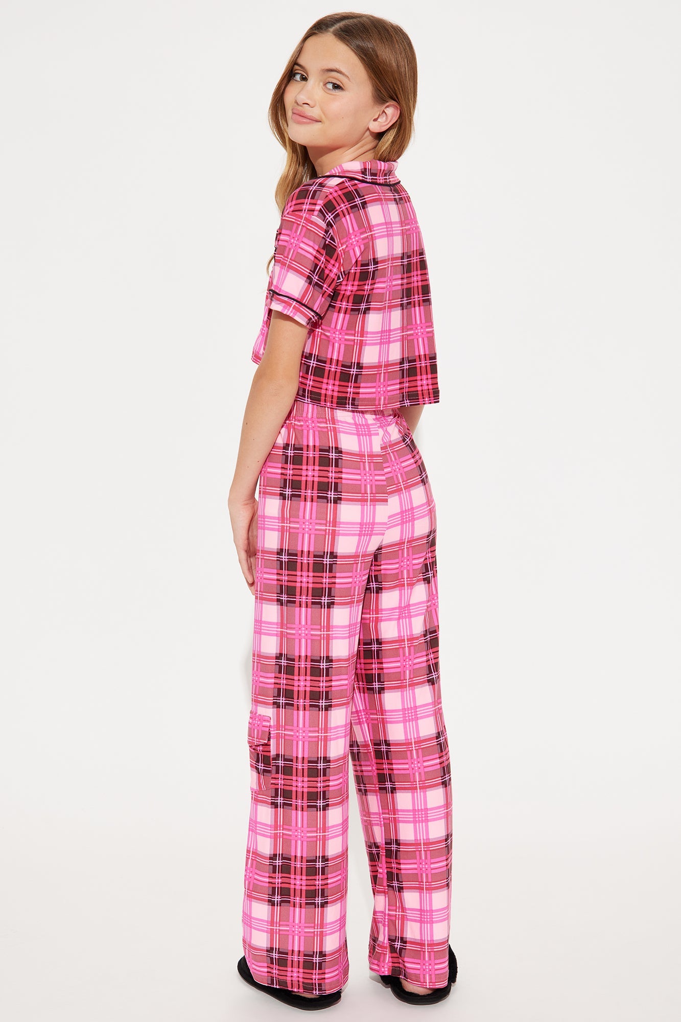 Mini Jolly Mood Plaid Pant Set - Hot Pink
