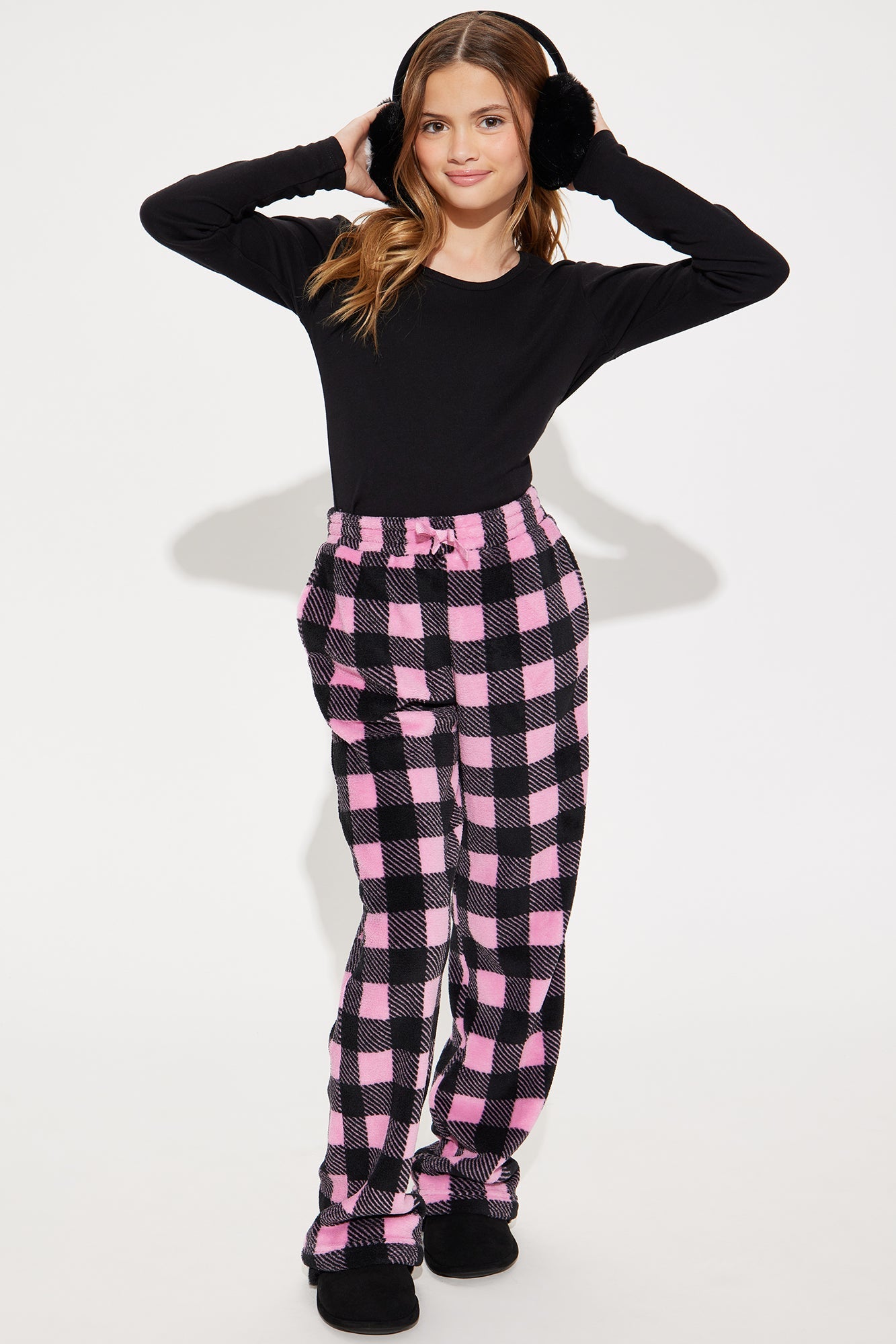 Mini Always Cozy Checkered Plush Pants - Pink