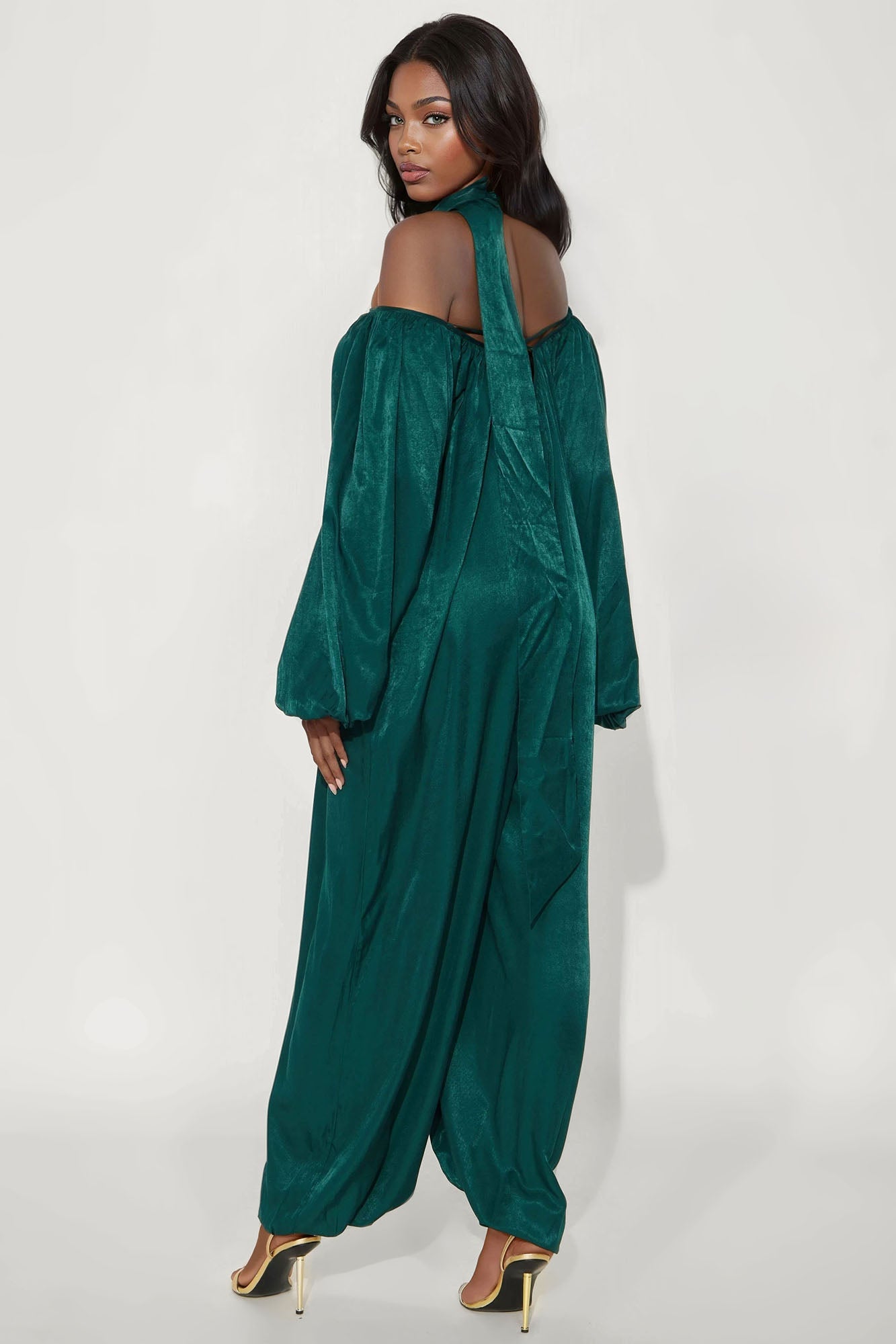 Satin Sips Balloon Wide Leg Jumpsuit - Hunter Green