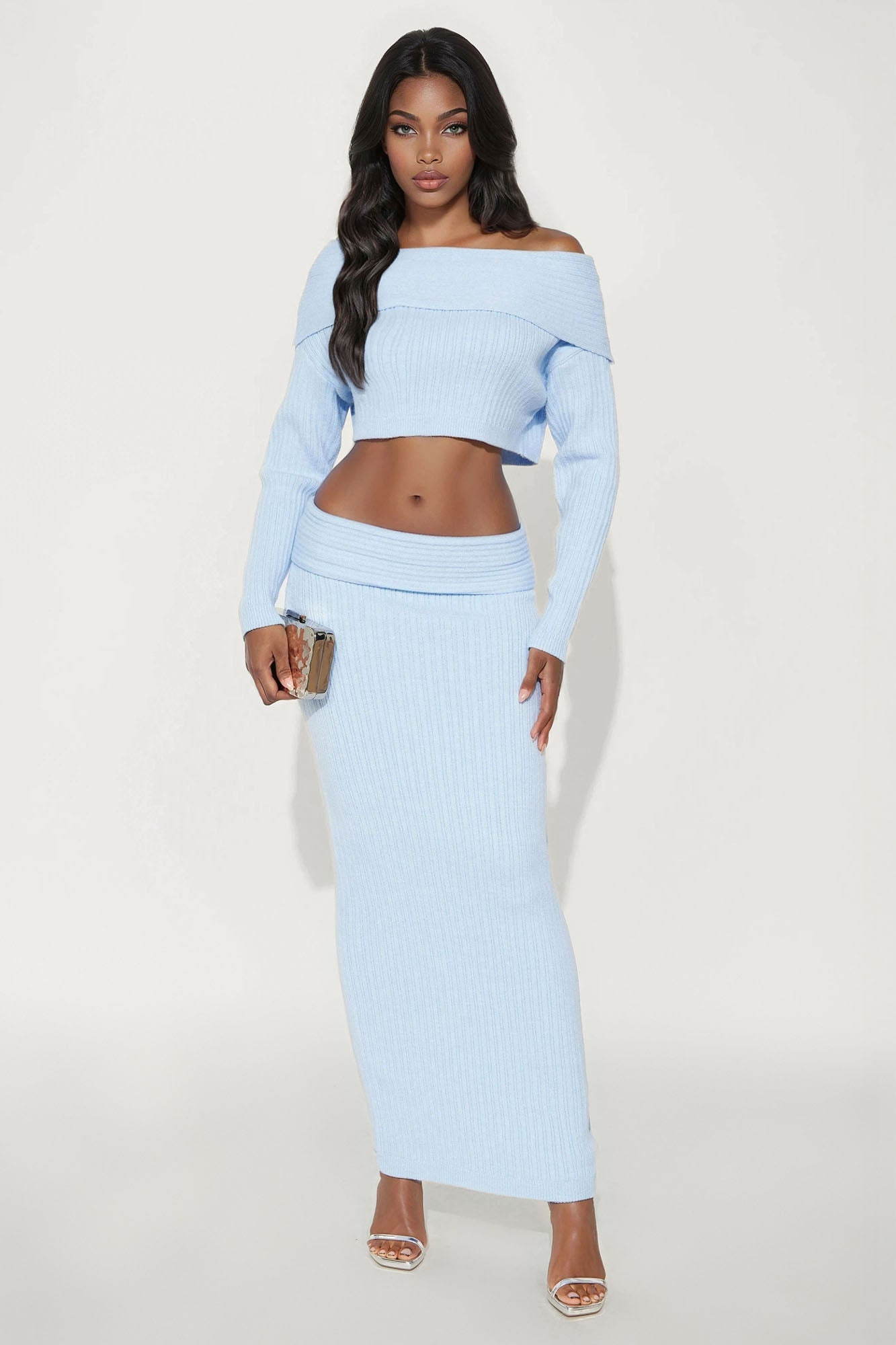 Nevea Sweater Fold Over Maxi Skirt Set - Light Blue
