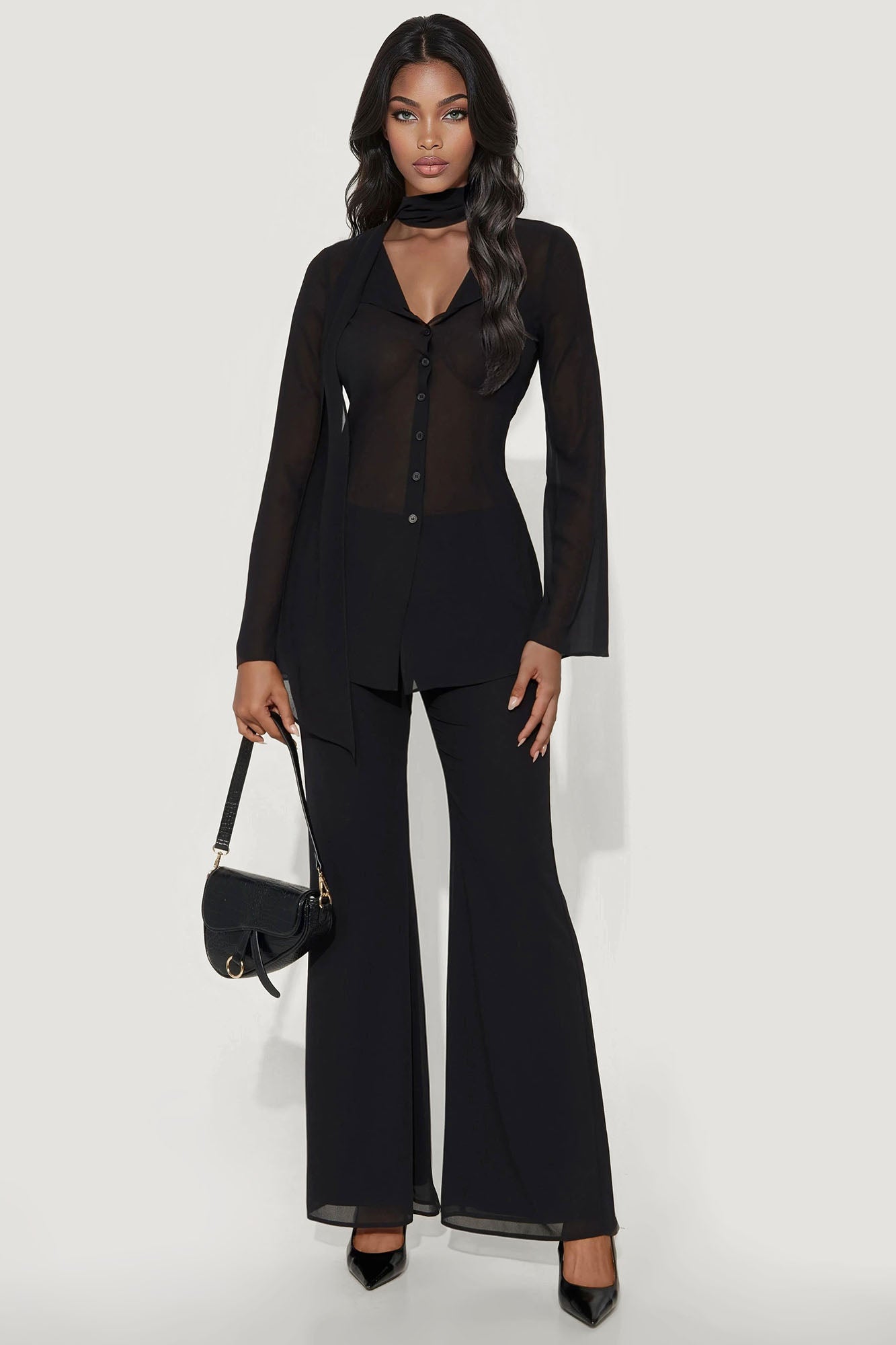 Eva Sheer Chiffon 3 Piece Pant Set - Black
