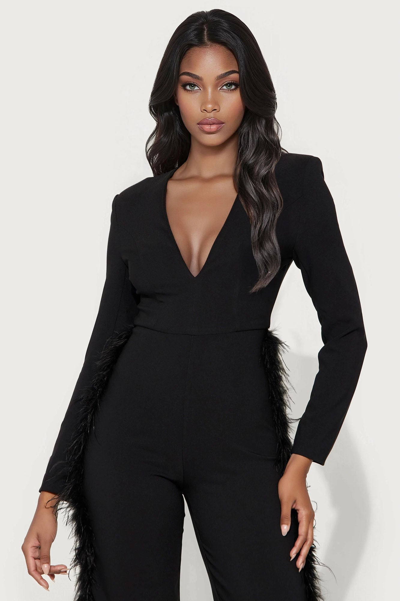 Too Irresistible Feather Trim Straight Leg Jumpsuit - Black