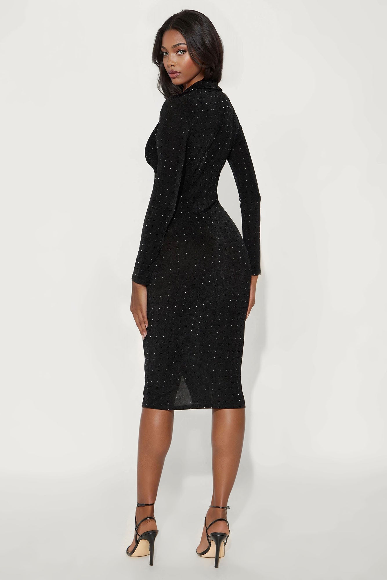 Katie Rhinestone Slinky Midi Dress - Black