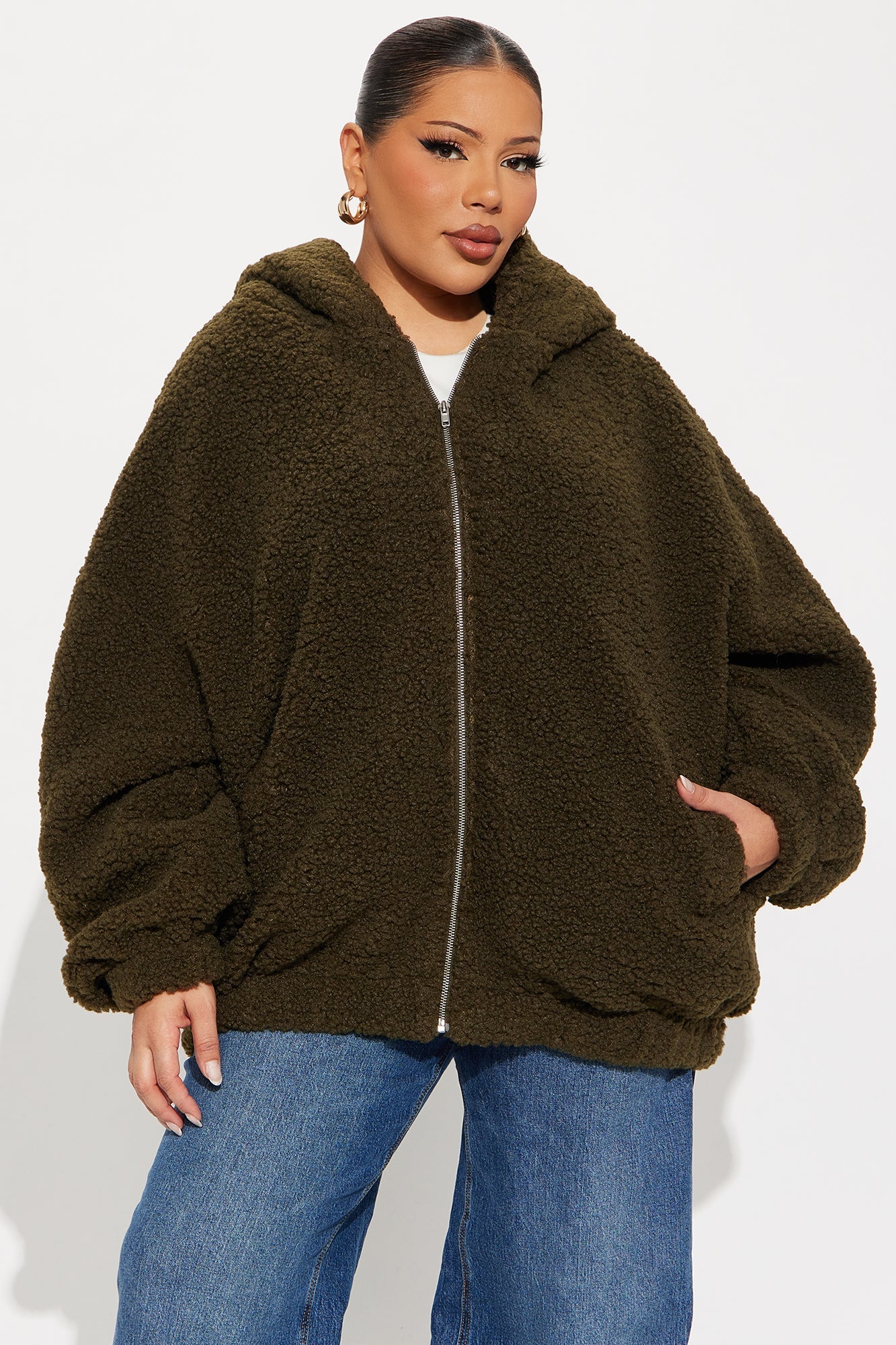 Snuggle Up Hooded Sherpa Coat - Olive