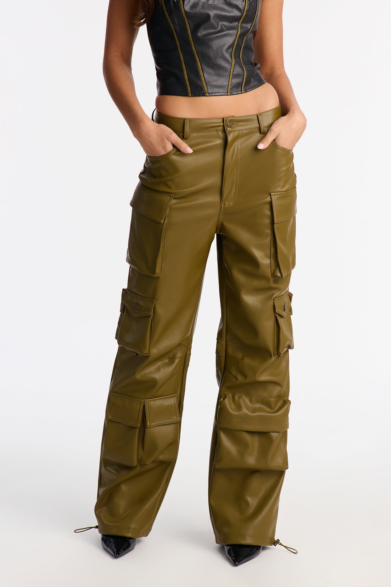 Something About You Faux Leather Cargo Pant 32 - Military Green
