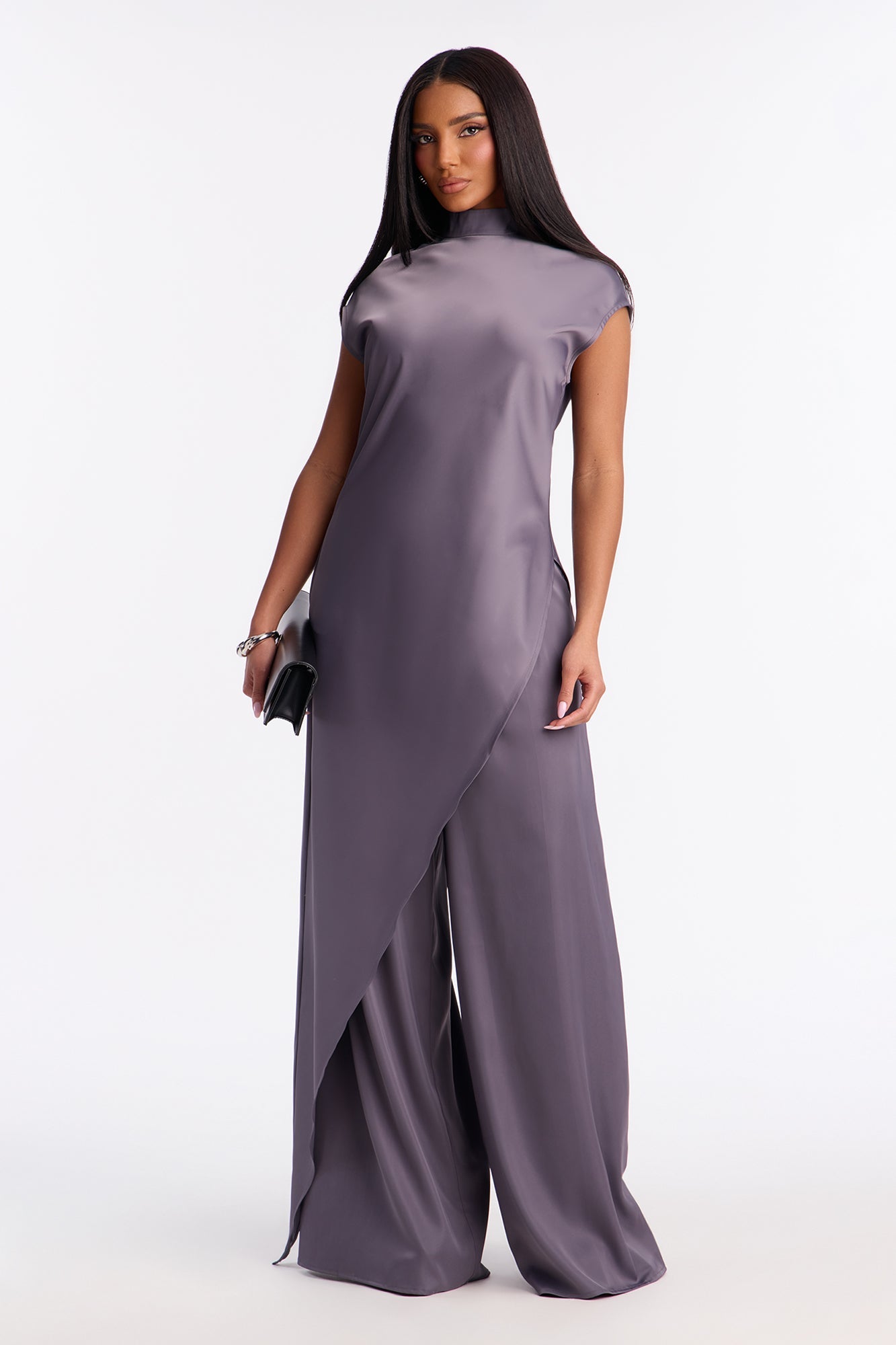 Camille Asymmetrical Satin Pant Set - Grey