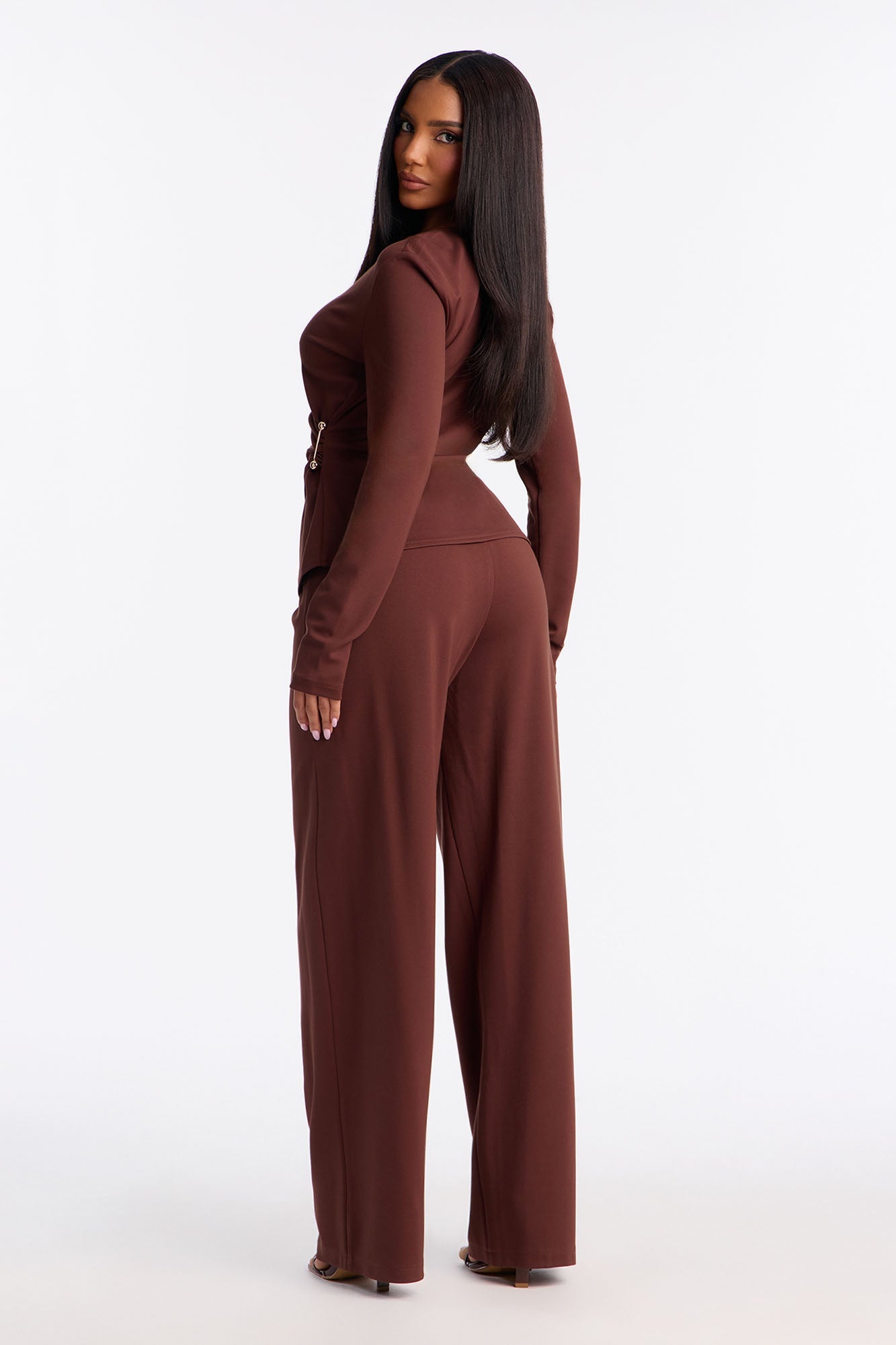 Helena Wrap Top And Wide Leg Pant Set - Brown