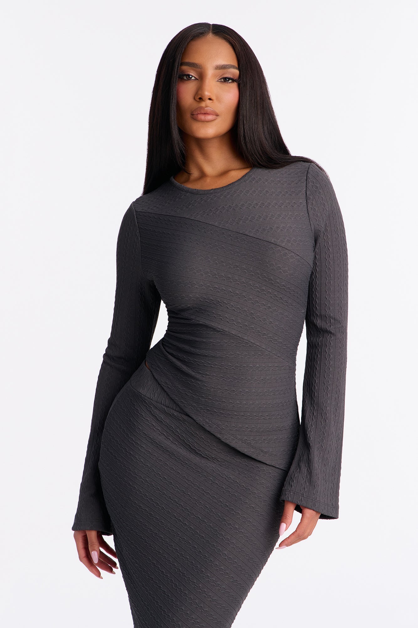 Date Ready Asymmetrical Textured Midi Skirt Set - Charcoal