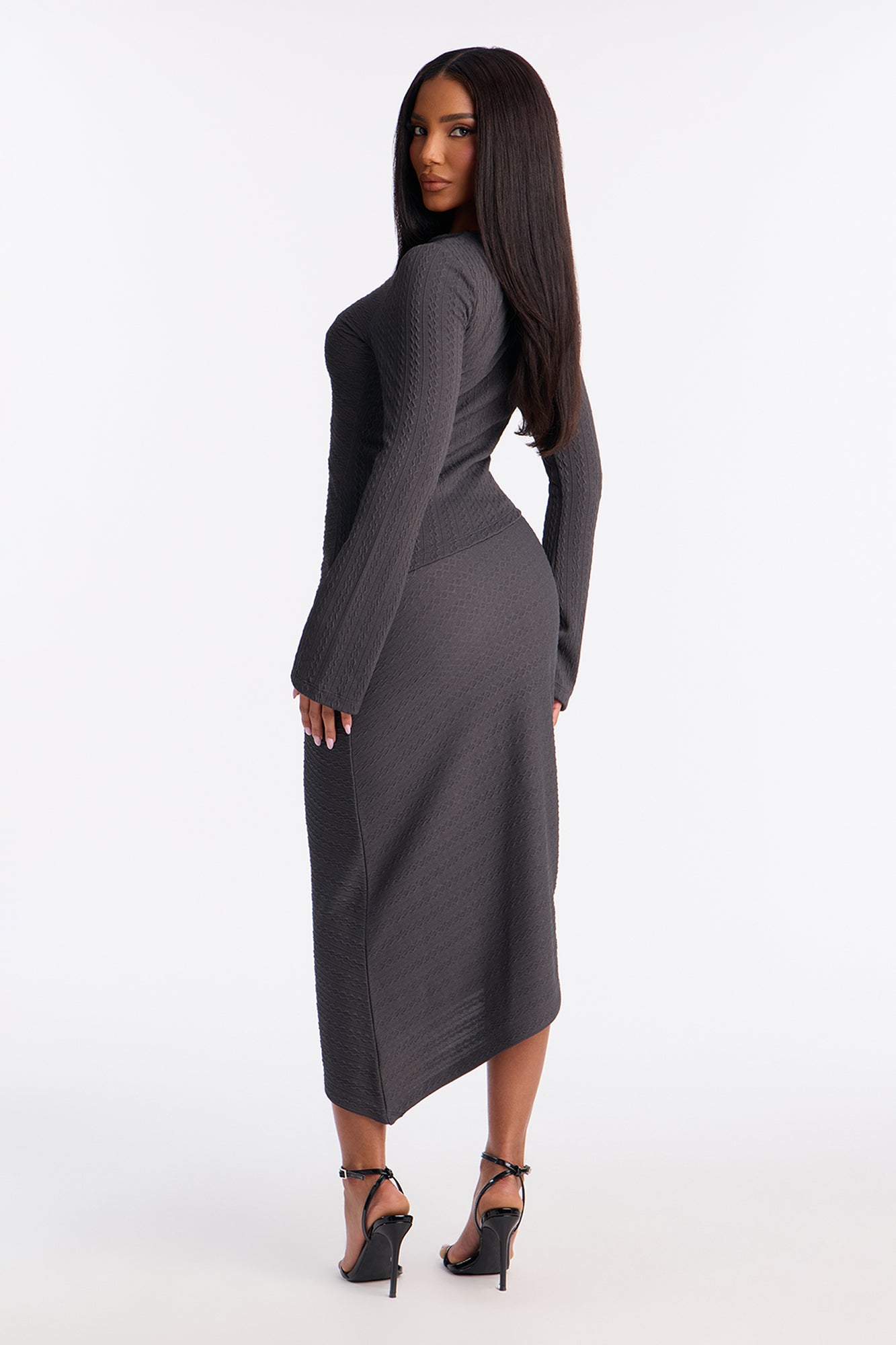 Date Ready Asymmetrical Textured Midi Skirt Set - Charcoal