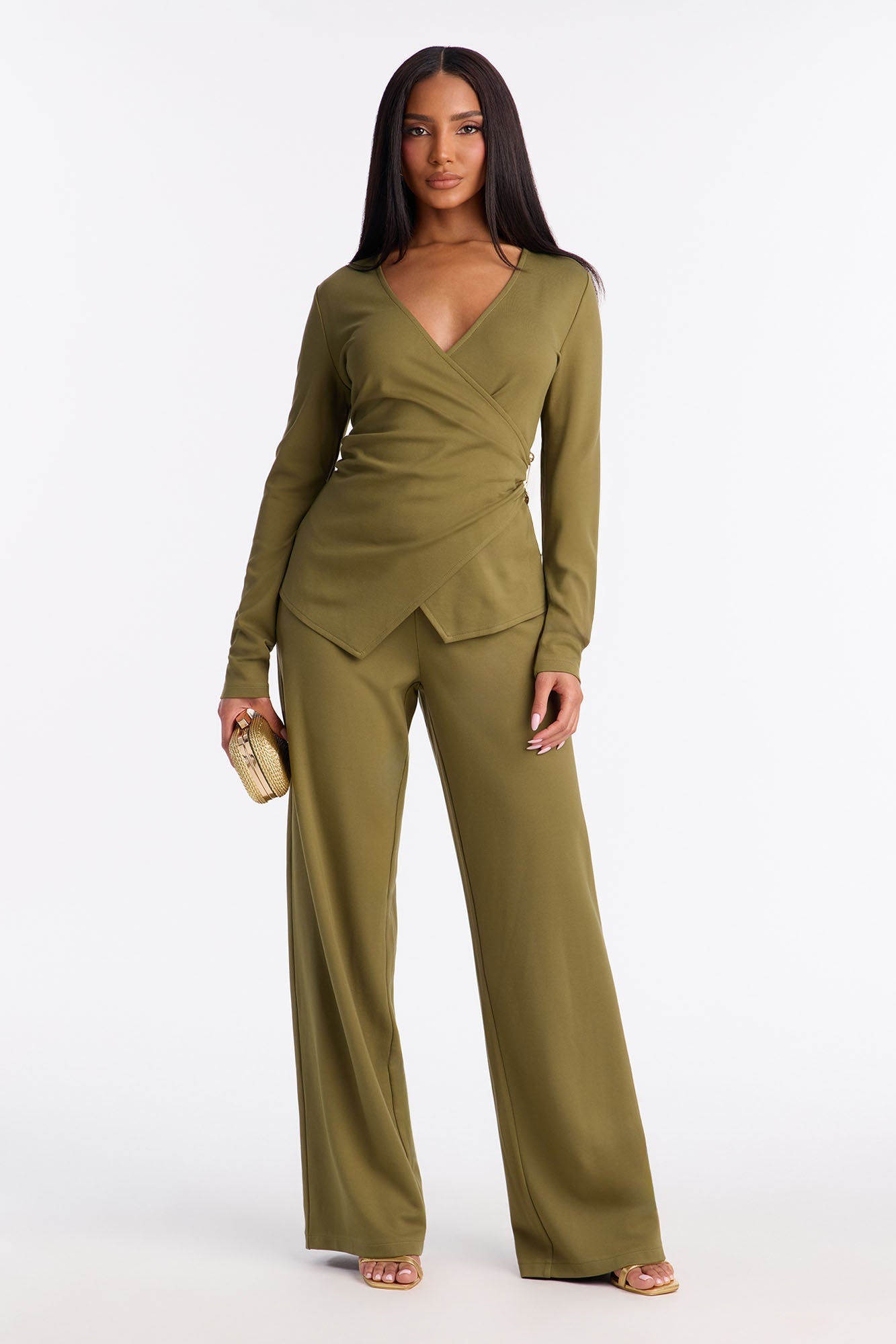 Helena Wrap Top And Wide Leg Pant Set - Olive